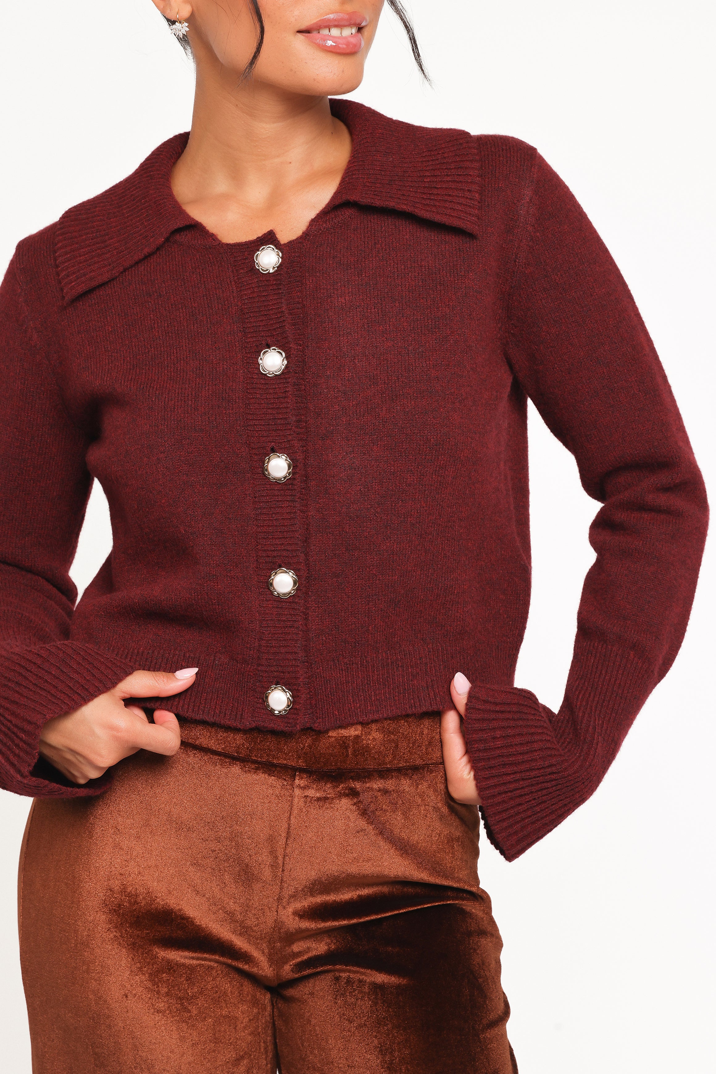 KNITWEAR Thelma Trumpet Sleeve Cardigan - Cabernet