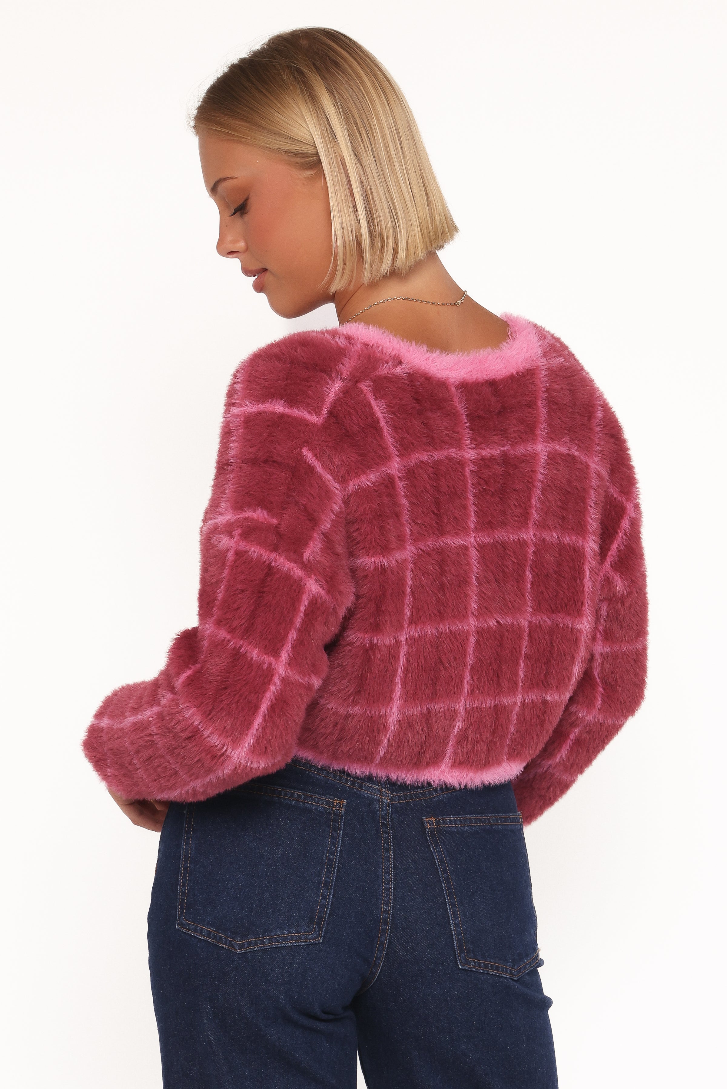 KNITWEAR Viola Plaid Button Front Cardigan - Burgundy