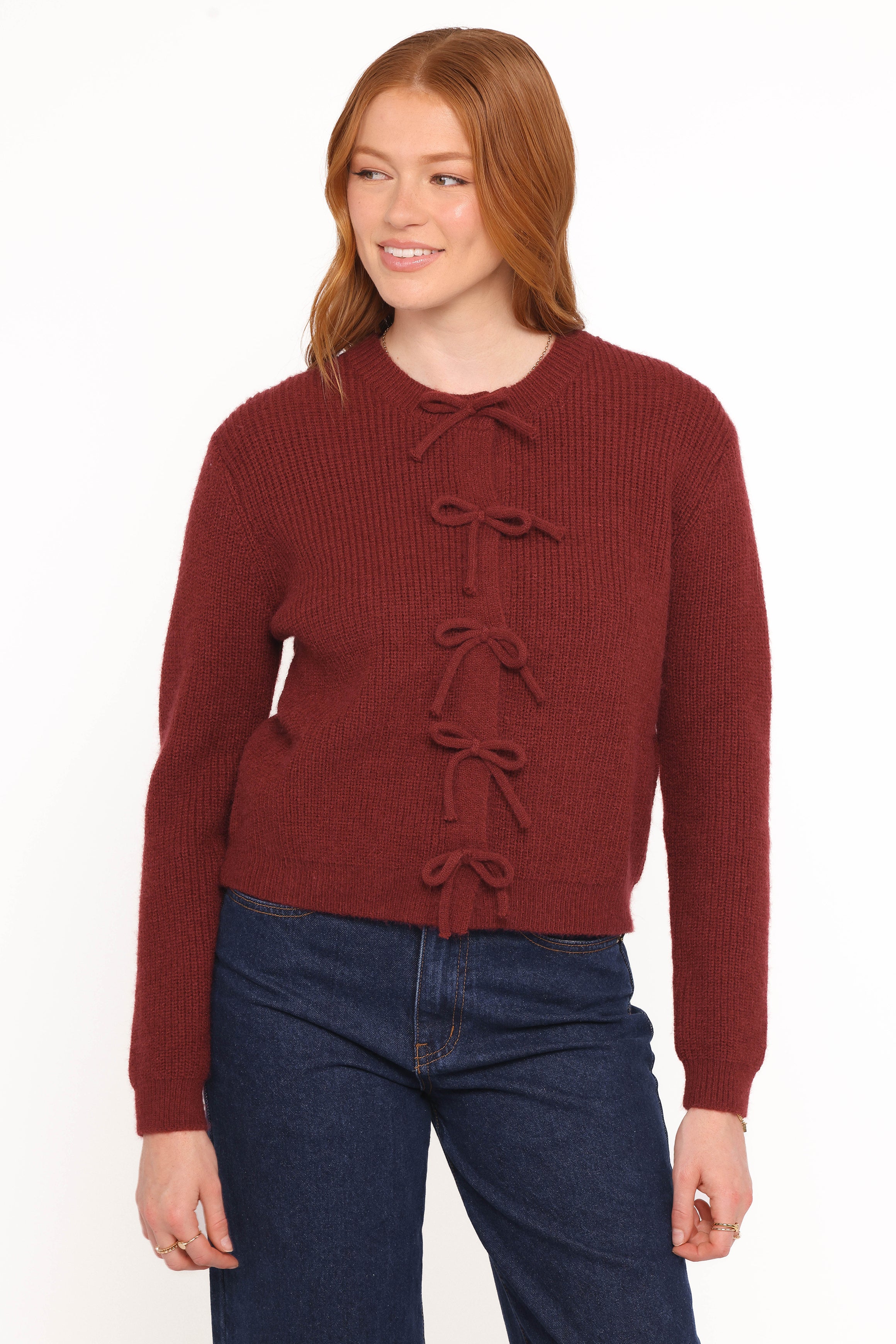 KNITWEAR Wilde Bow Front Cardigan - Burgundy