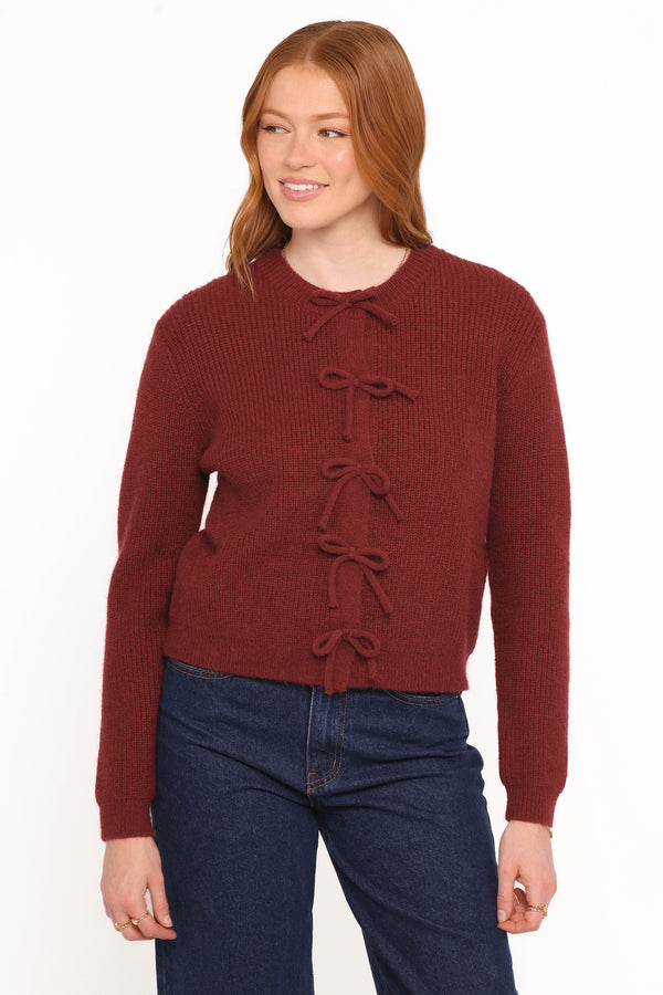 KNITWEAR Wilde Bow Front Cardigan - Burgundy
