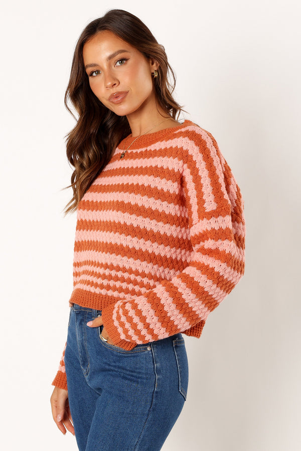 KNITWEAR @Yasmin Striped Crewneck Knit Sweater - Orange Pink