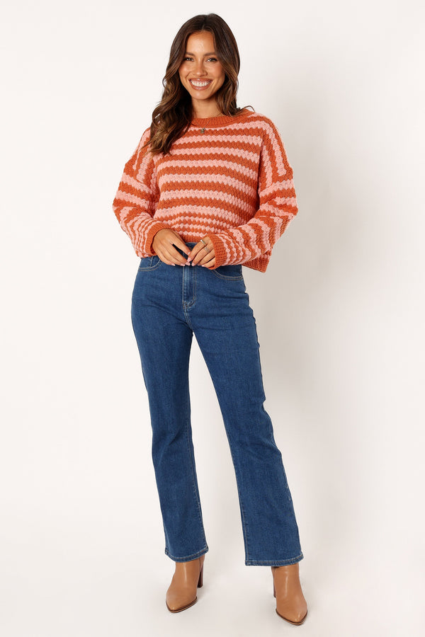 KNITWEAR @Yasmin Striped Crewneck Knit Sweater - Orange Pink