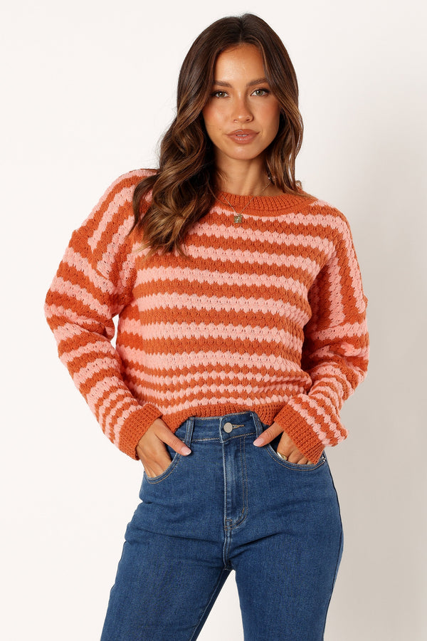 KNITWEAR @Yasmin Striped Crewneck Knit Sweater - Orange Pink