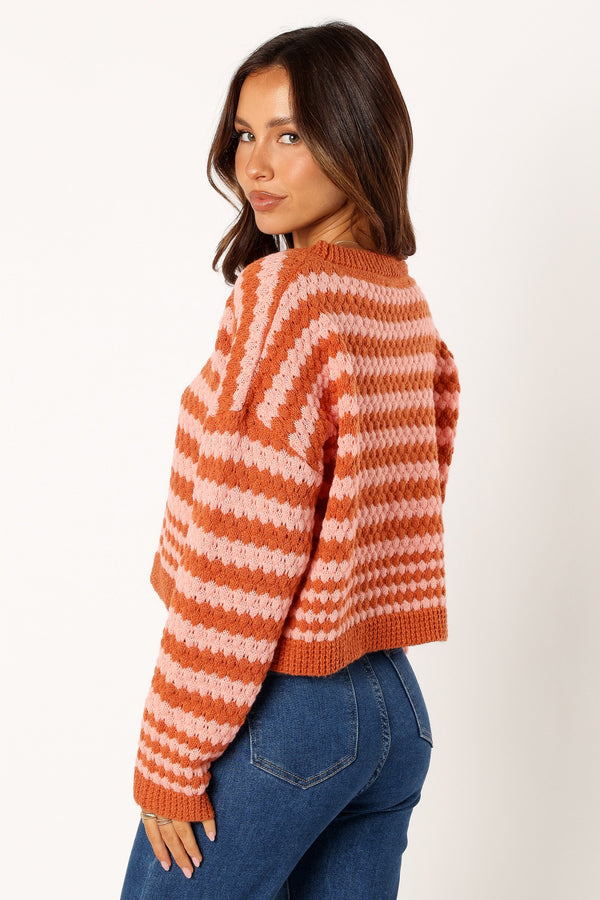 KNITWEAR @Yasmin Striped Crewneck Knit Sweater - Orange Pink