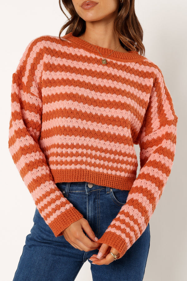 KNITWEAR @Yasmin Striped Crewneck Knit Sweater - Orange Pink