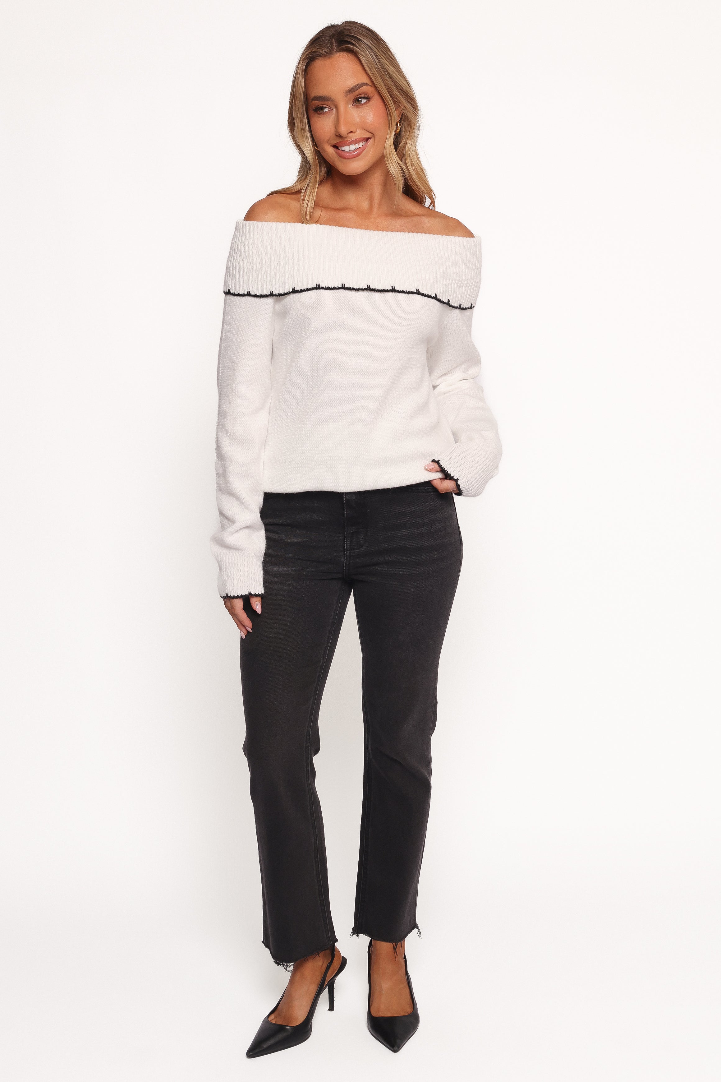 KNITWEAR Yoana Off Shoulder Knit Sweater - White