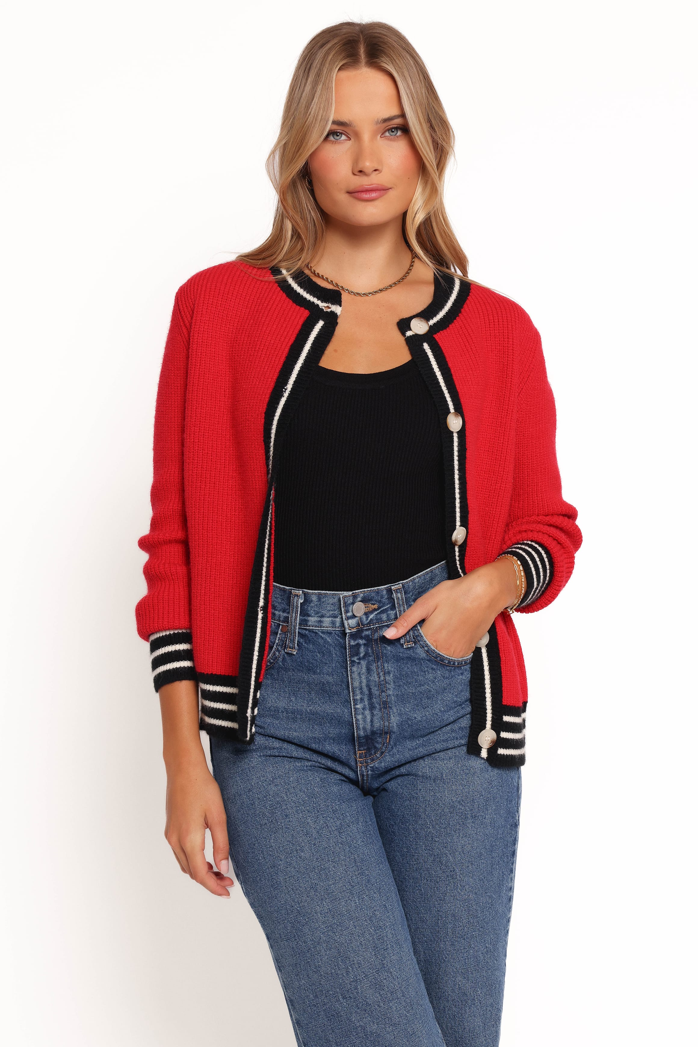 KNITWEAR Yorkshire Contrast Hem Cardigan - Red