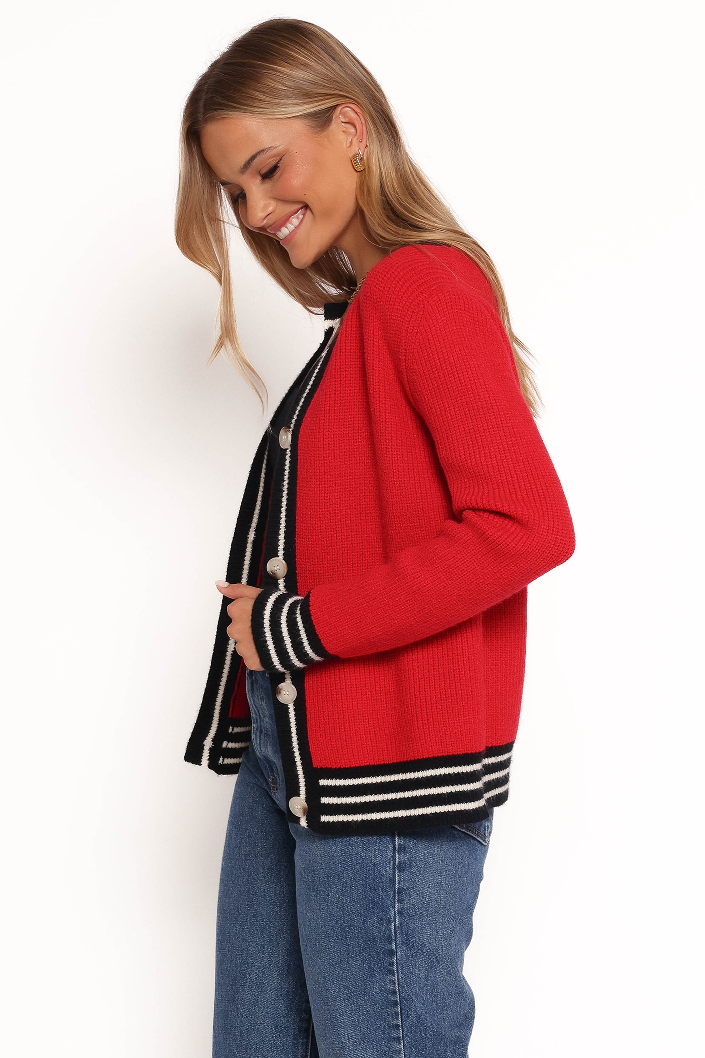 KNITWEAR Yorkshire Contrast Hem Cardigan - Red
