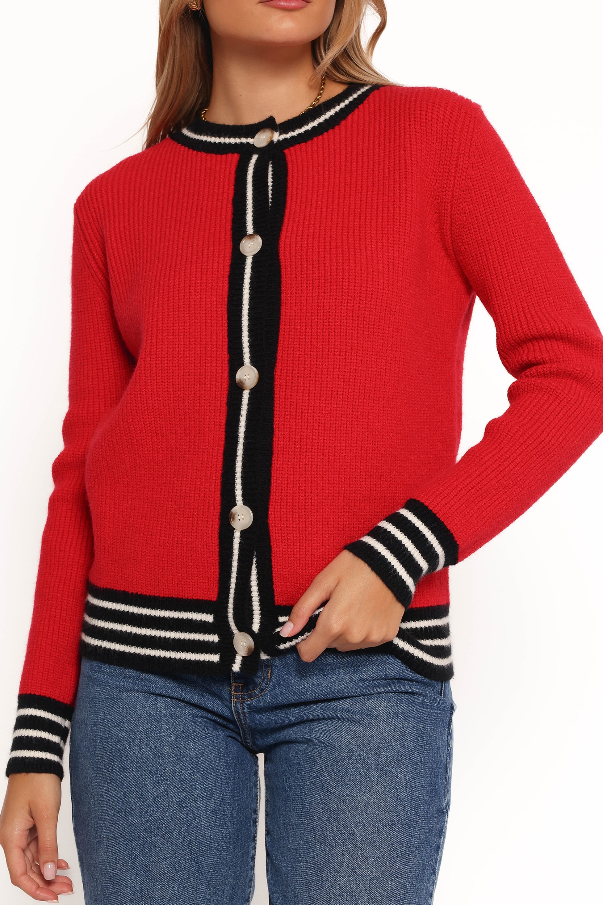 KNITWEAR Yorkshire Contrast Hem Cardigan - Red