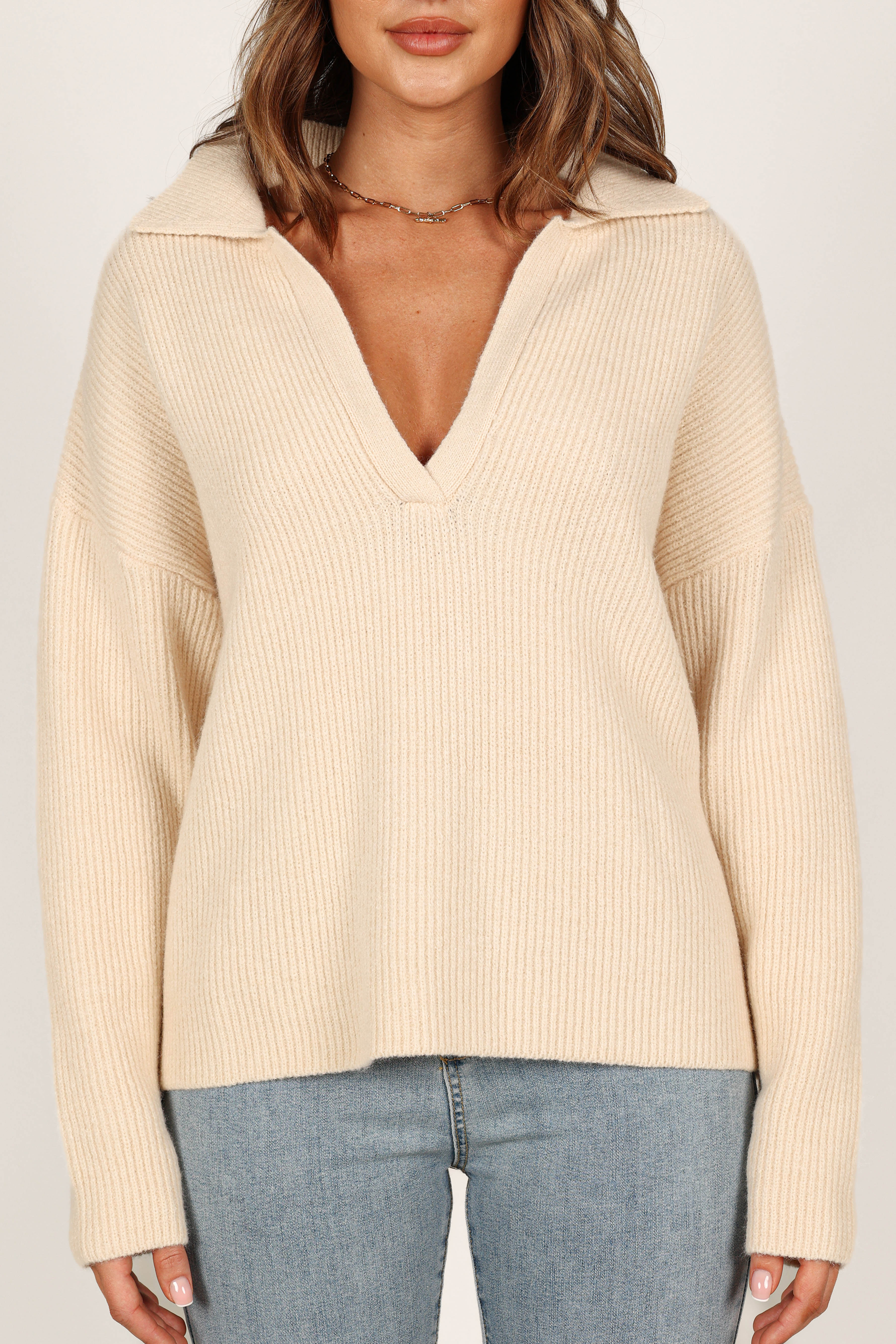 Zala Vneck Collar Knit Sweater - Beige | Petal & Pup Zala Vneck Collar Knit Sweater - Beige | Petal & Pup