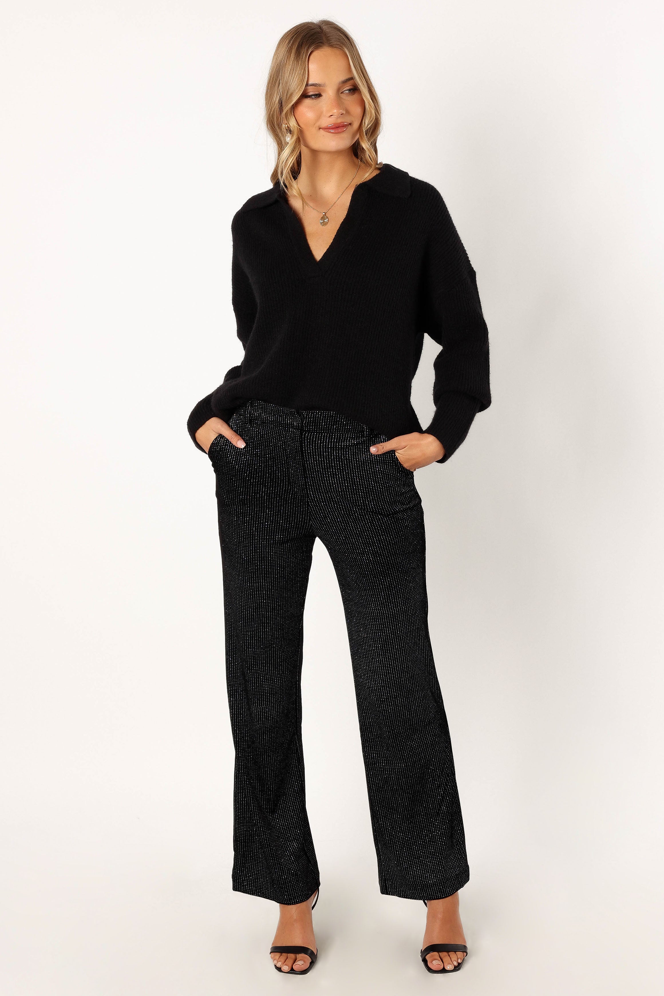 KNITWEAR @Zala Vneck Collar Knit Sweater - Black