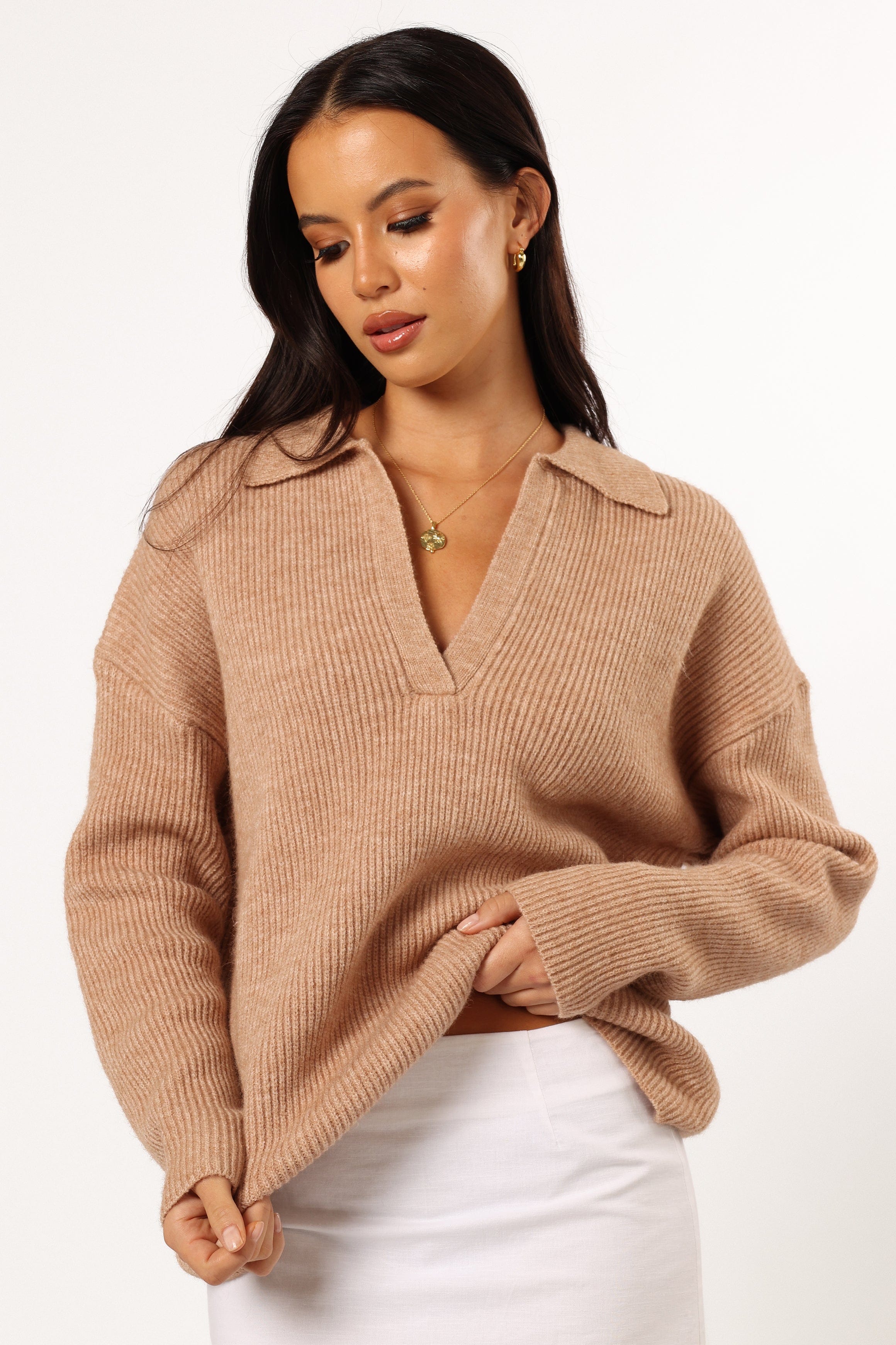 KNITWEAR Zala Vneck Collar Knit Sweater - Mocha