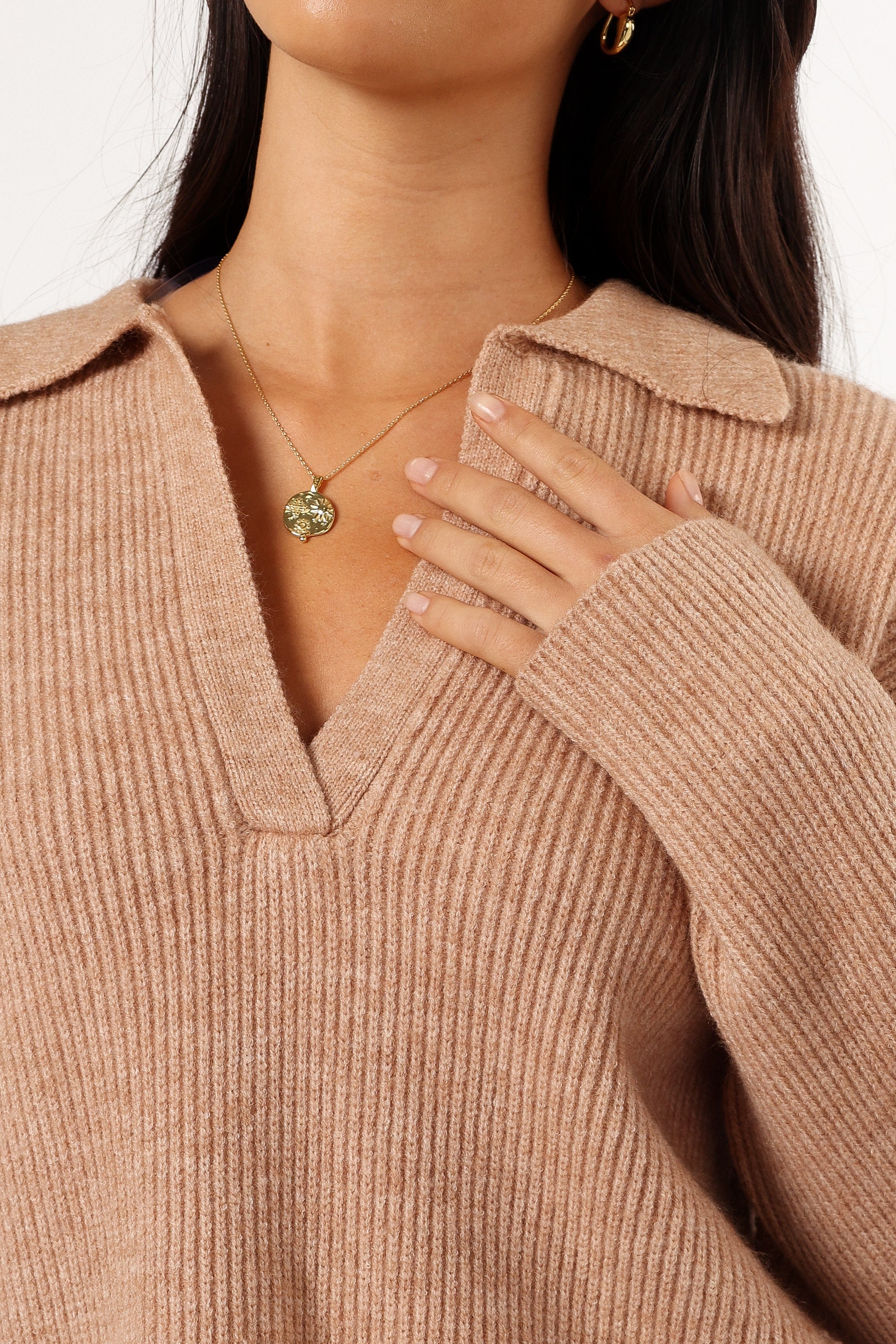 KNITWEAR Zala Vneck Collar Knit Sweater - Mocha