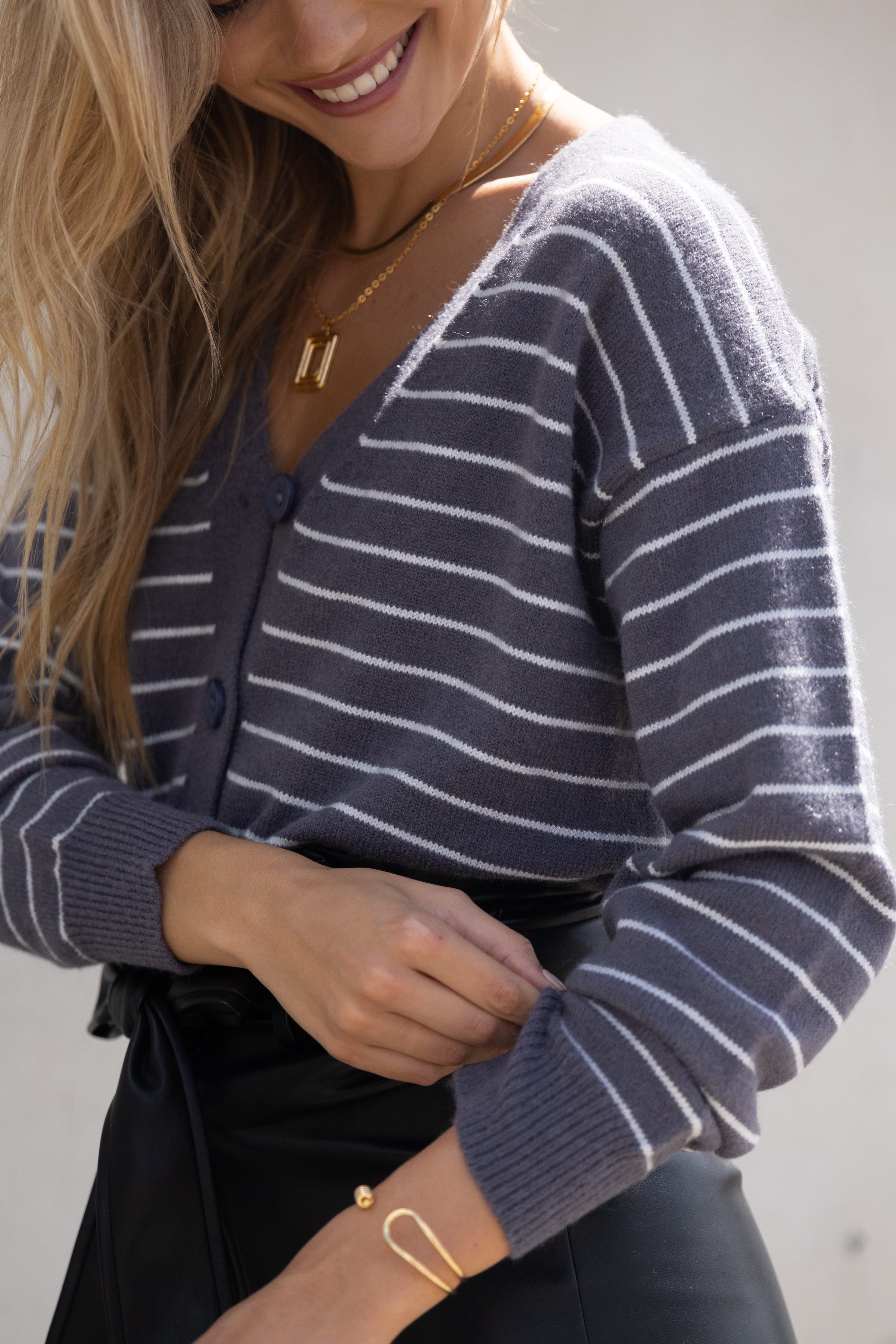 KNITWEAR Zammy Lurex Strip Button Front Cardigan - Grey