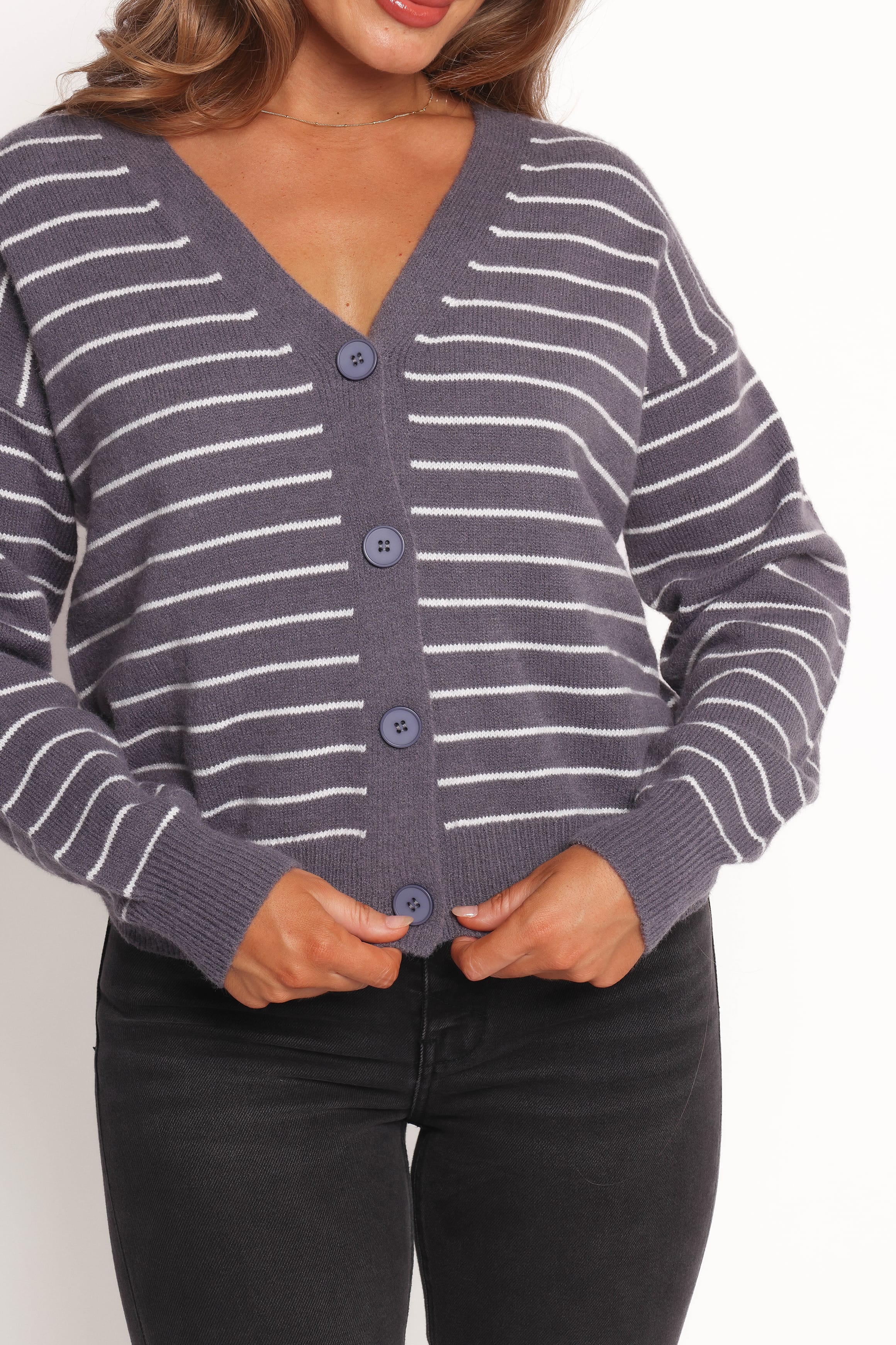 KNITWEAR Zammy Lurex Strip Button Front Cardigan - Grey