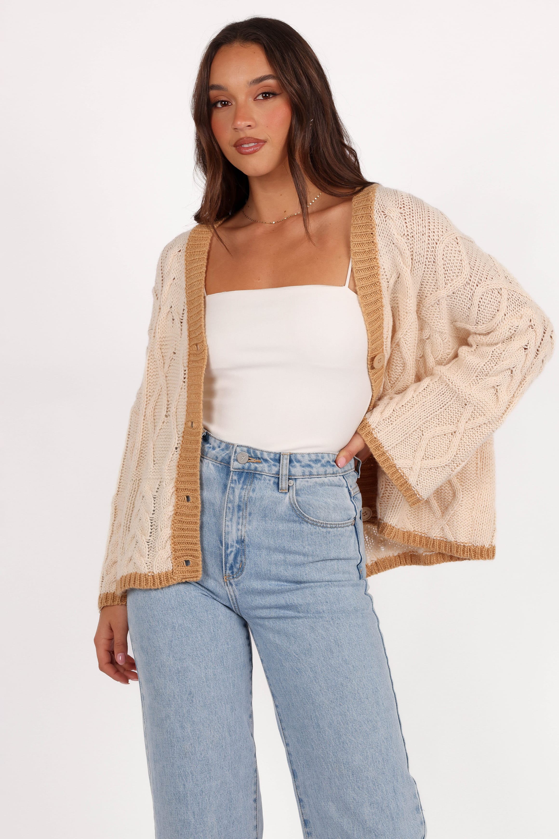 KNITWEAR Zina Contrast Cardigan - Tan