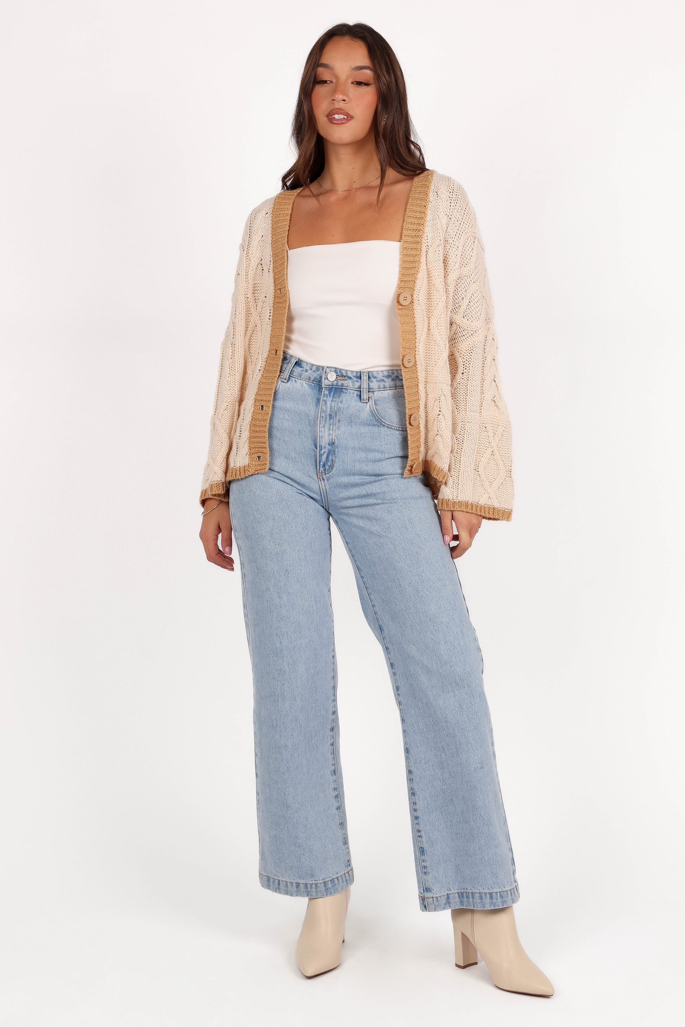 KNITWEAR Zina Contrast Cardigan - Tan