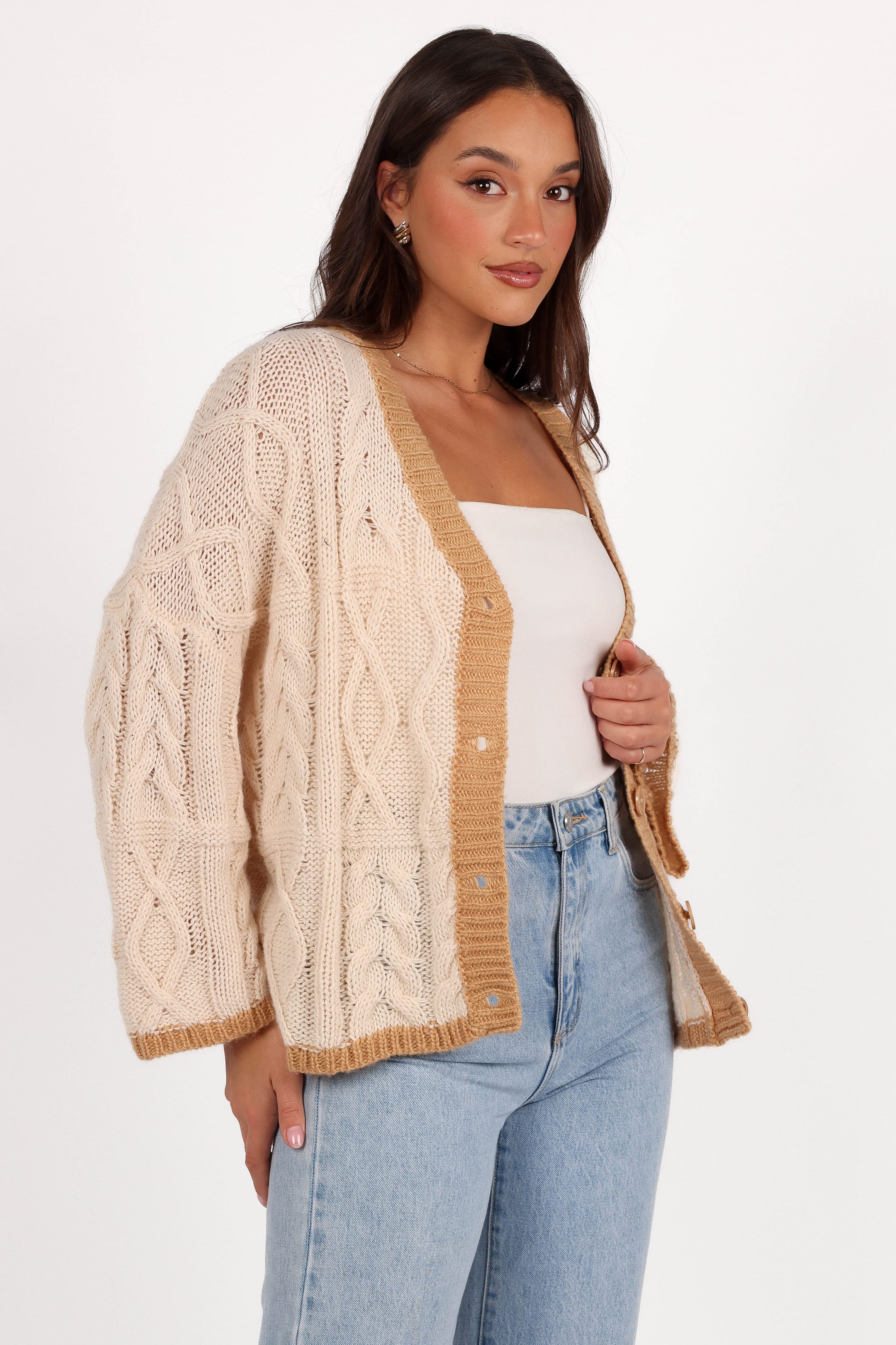 KNITWEAR Zina Contrast Cardigan - Tan