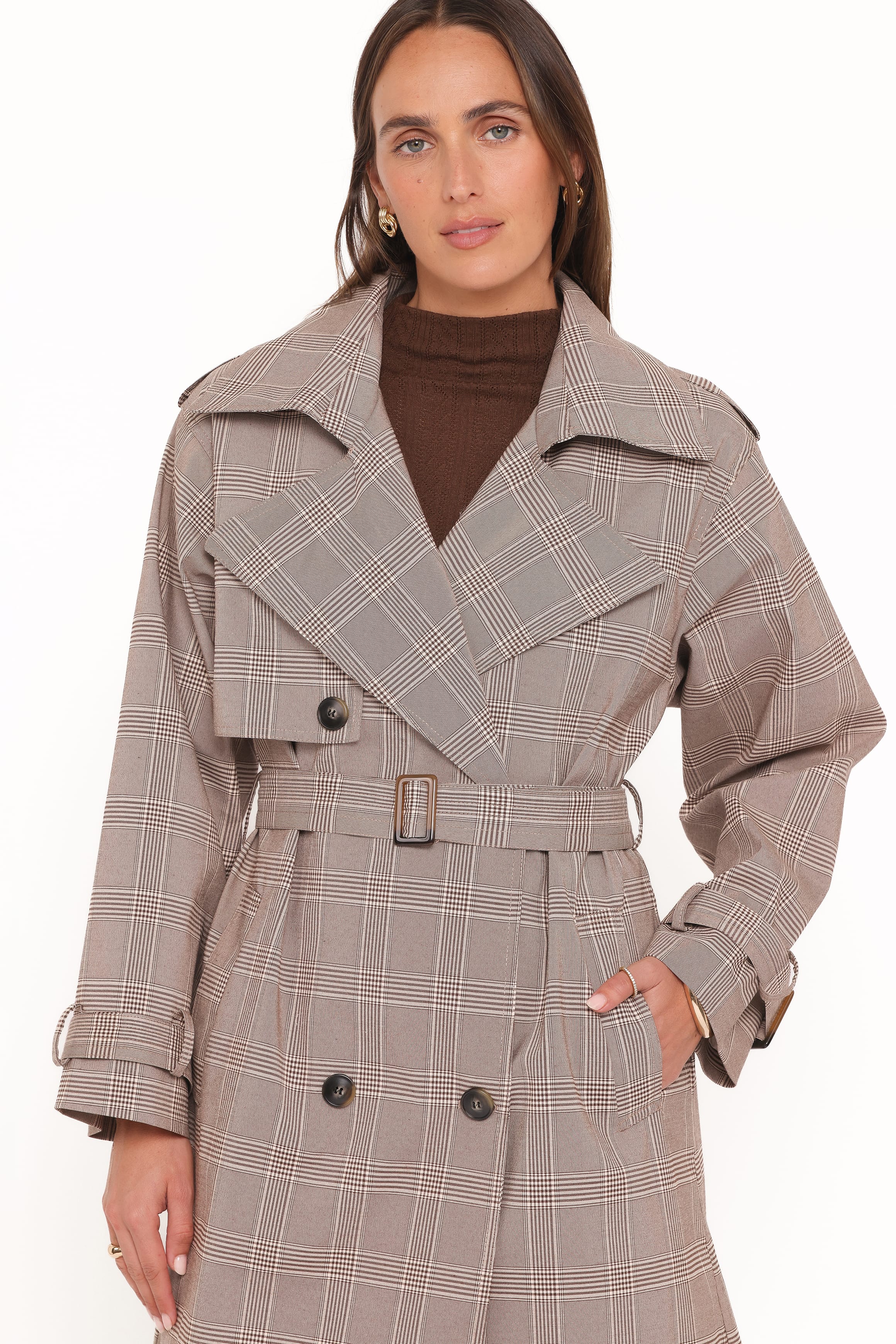 OUTERWEAR Billy Button Front Trench Coat - Brown Plaid
