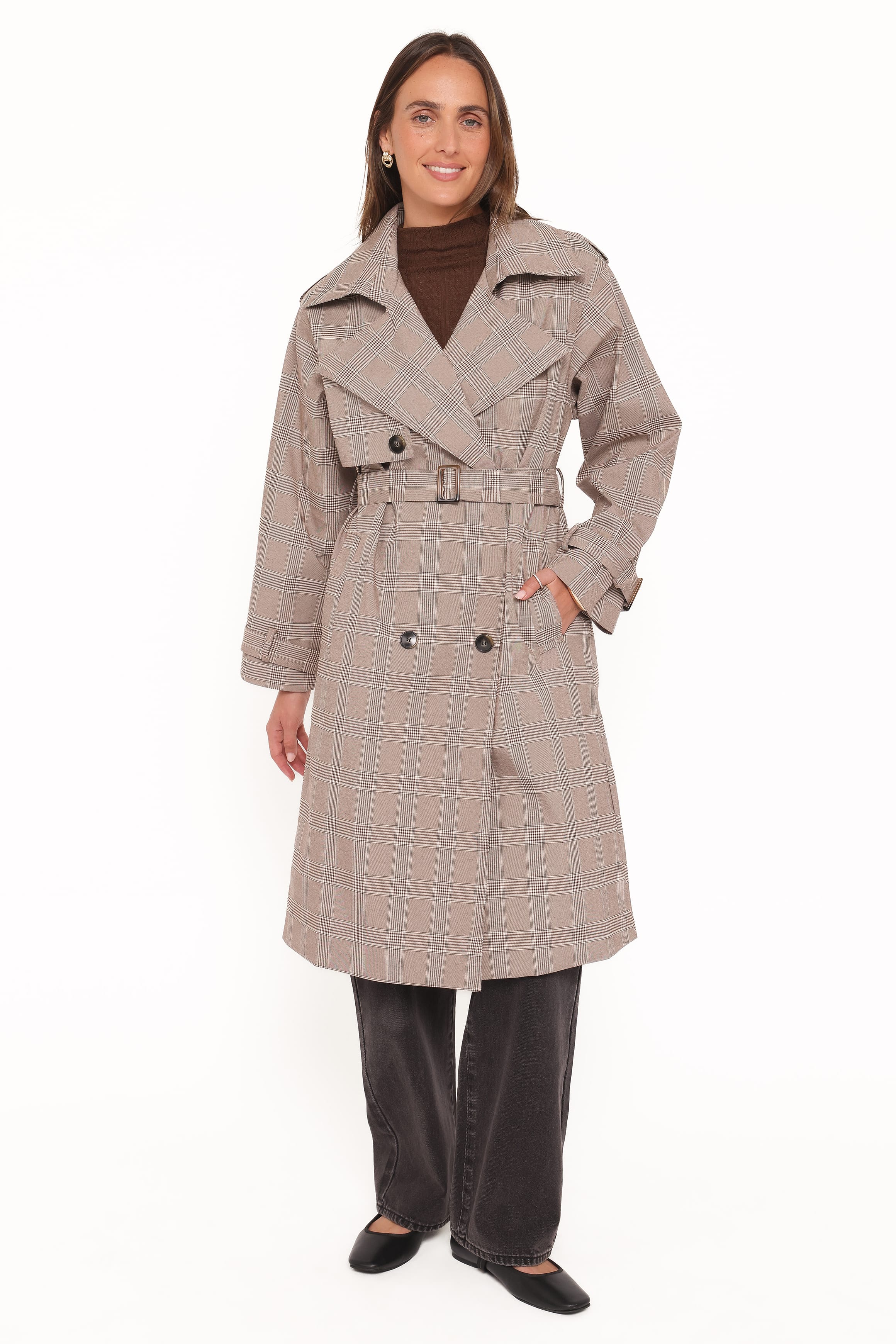 OUTERWEAR Billy Button Front Trench Coat - Brown Plaid