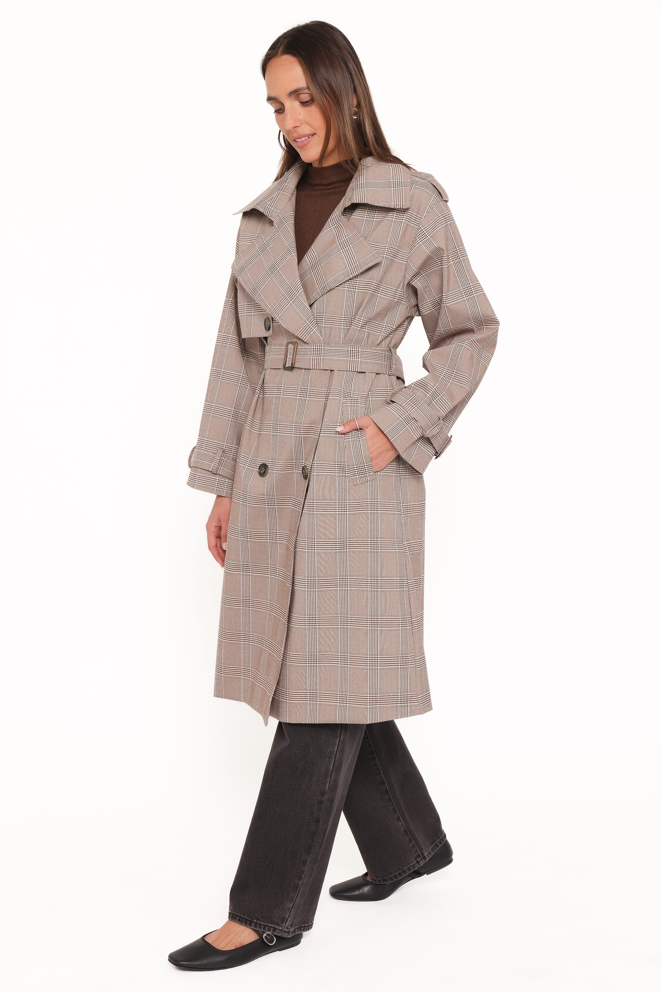 OUTERWEAR Billy Button Front Trench Coat - Brown Plaid