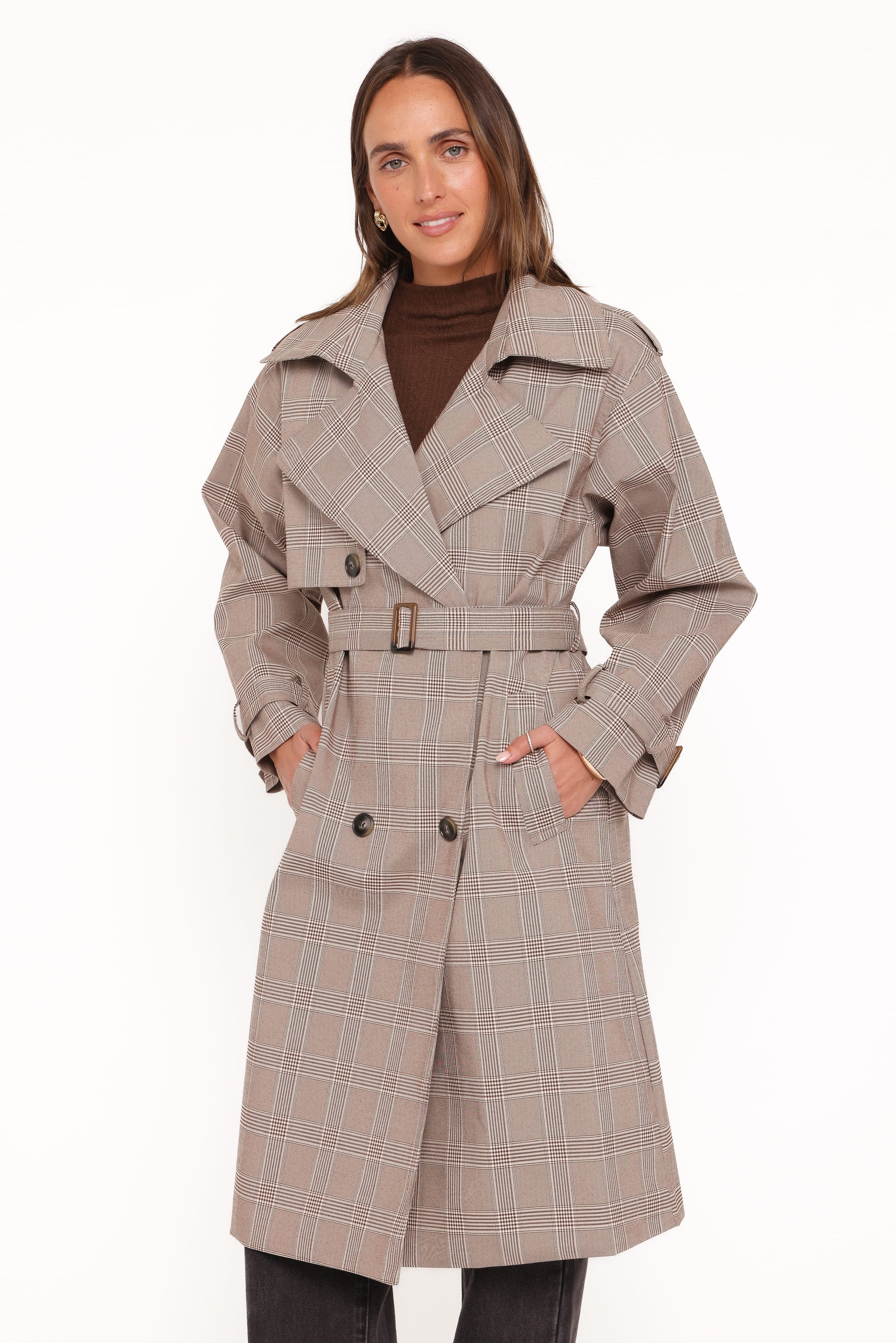 OUTERWEAR Billy Button Front Trench Coat - Brown Plaid