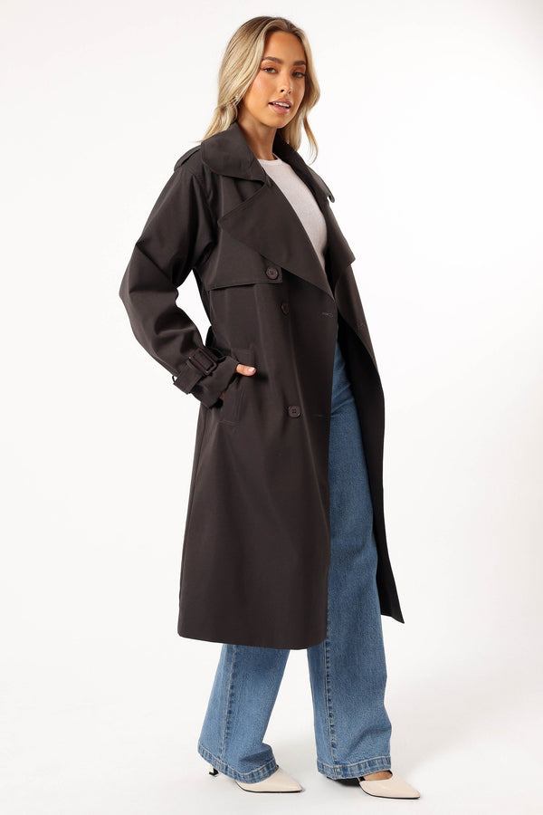 OUTERWEAR @Billy Button Front Trench Coat  - Charcoal