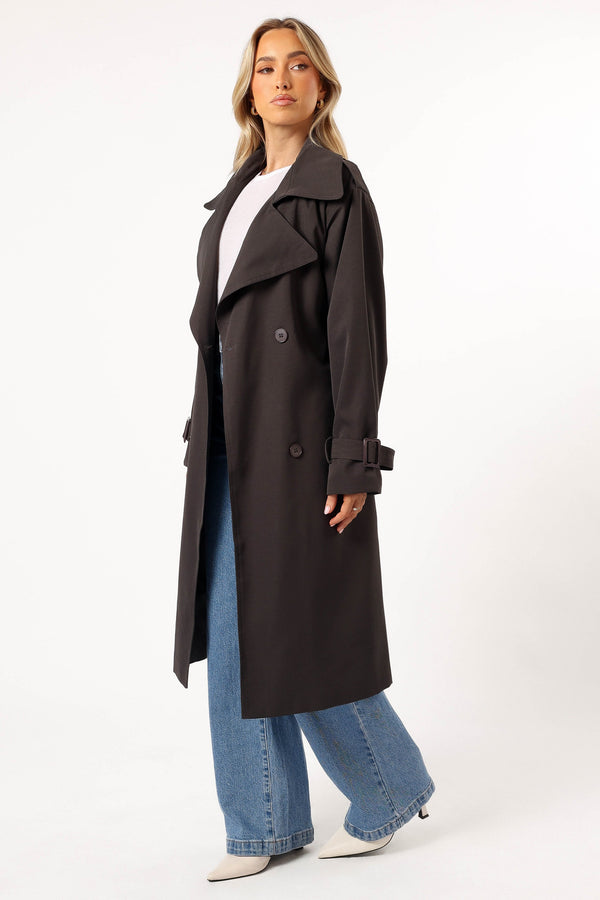 OUTERWEAR @Billy Button Front Trench Coat  - Charcoal