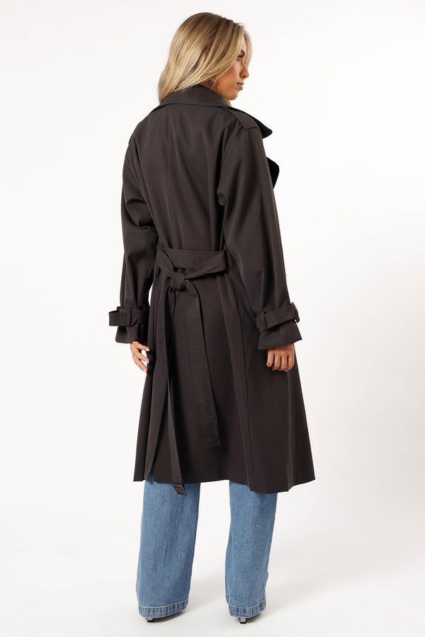 OUTERWEAR @Billy Button Front Trench Coat  - Charcoal