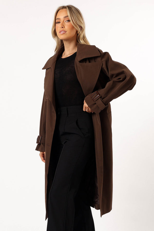 OUTERWEAR @Billy Button Front Trench Coat  - Chocolate Brown