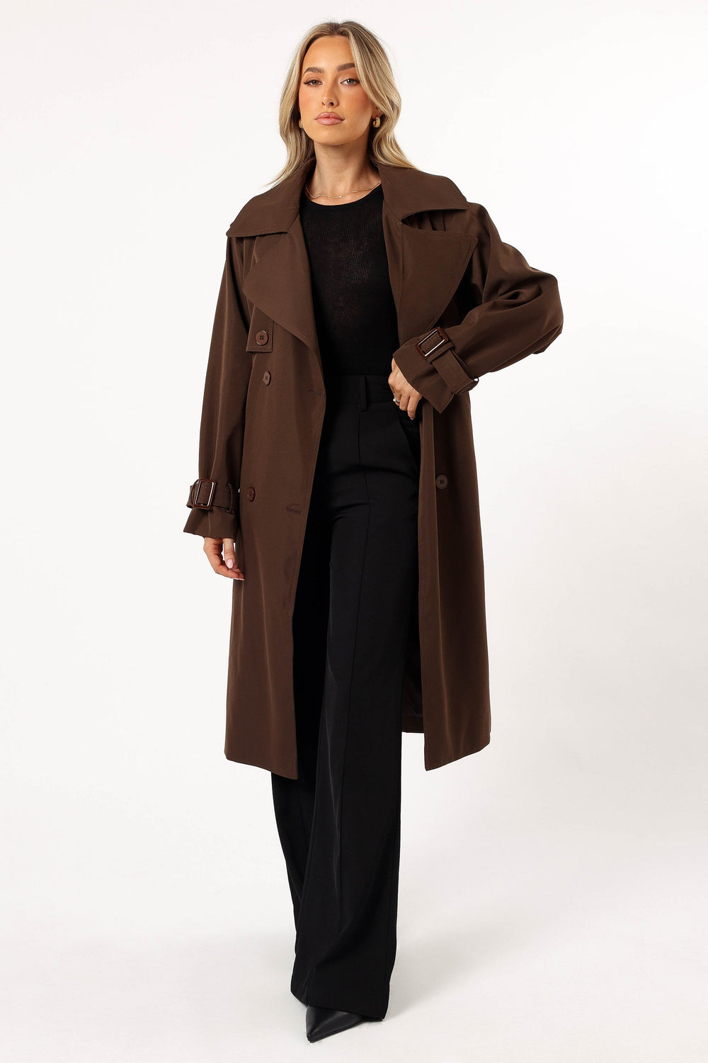 OUTERWEAR @Billy Button Front Trench Coat  - Chocolate Brown