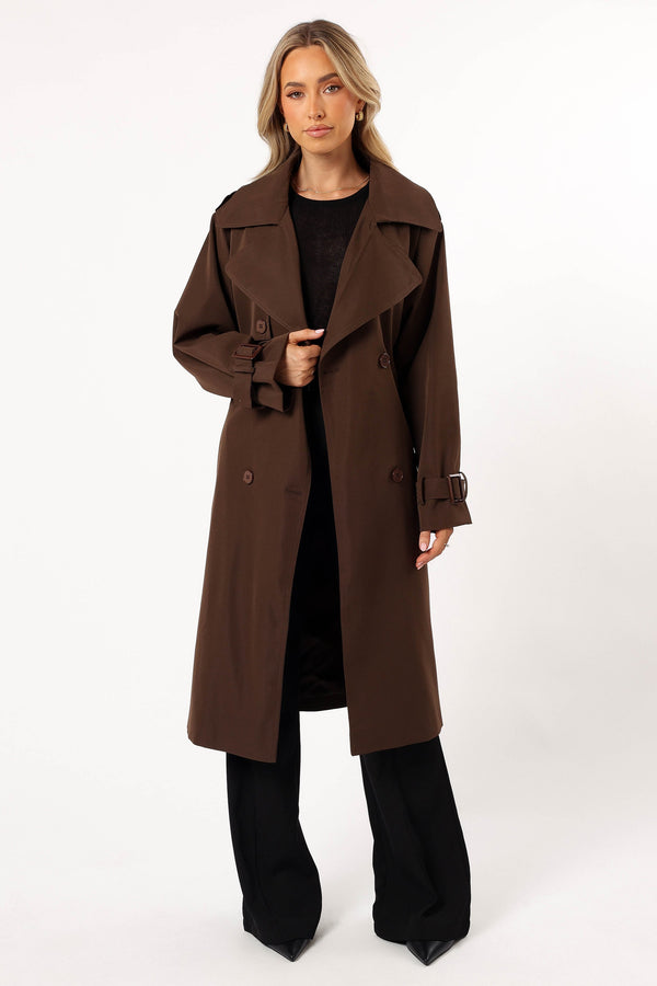 OUTERWEAR @Billy Button Front Trench Coat  - Chocolate Brown