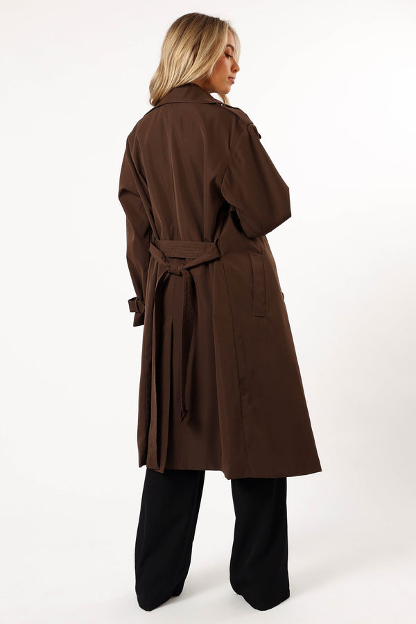 OUTERWEAR @Billy Button Front Trench Coat  - Chocolate Brown