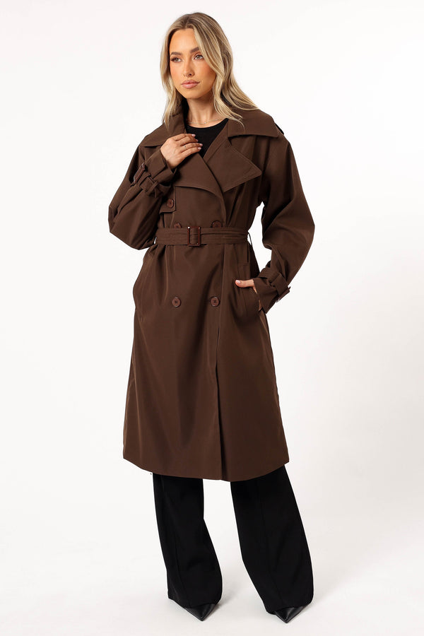 OUTERWEAR @Billy Button Front Trench Coat  - Chocolate Brown