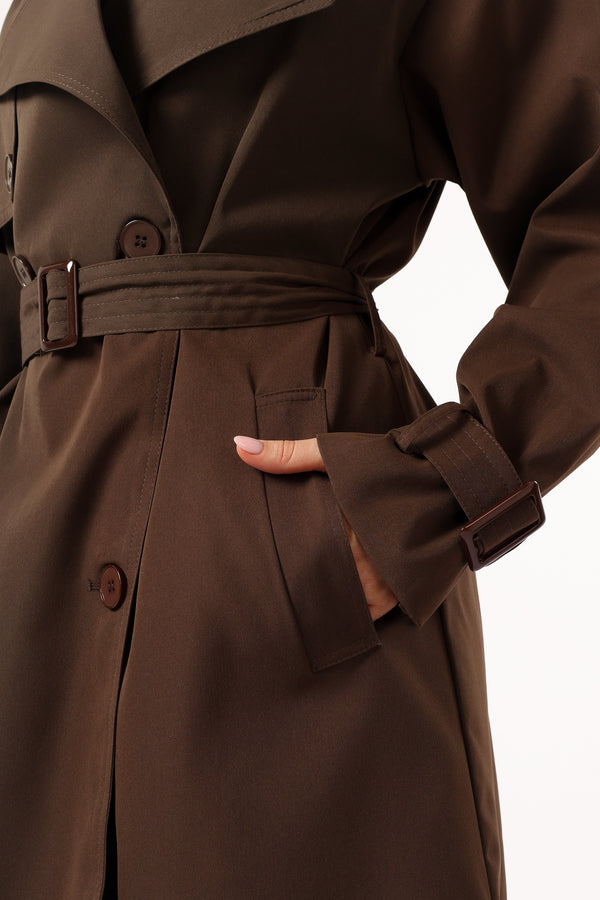 OUTERWEAR @Billy Button Front Trench Coat  - Chocolate Brown