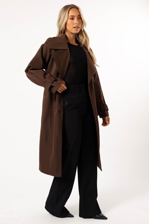 OUTERWEAR @Billy Button Front Trench Coat  - Chocolate Brown