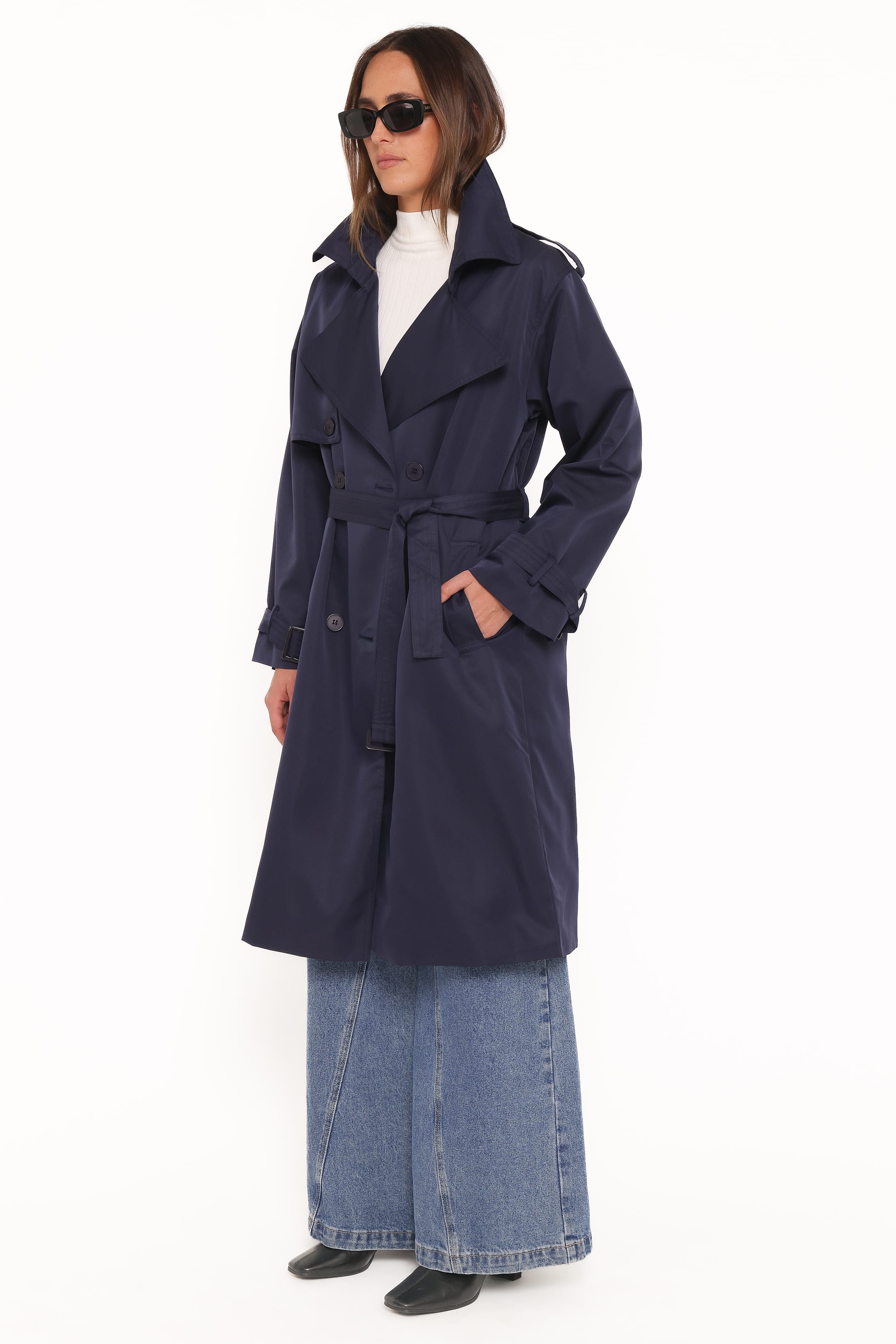 OUTERWEAR Billy Button Front Trench Coat - Navy