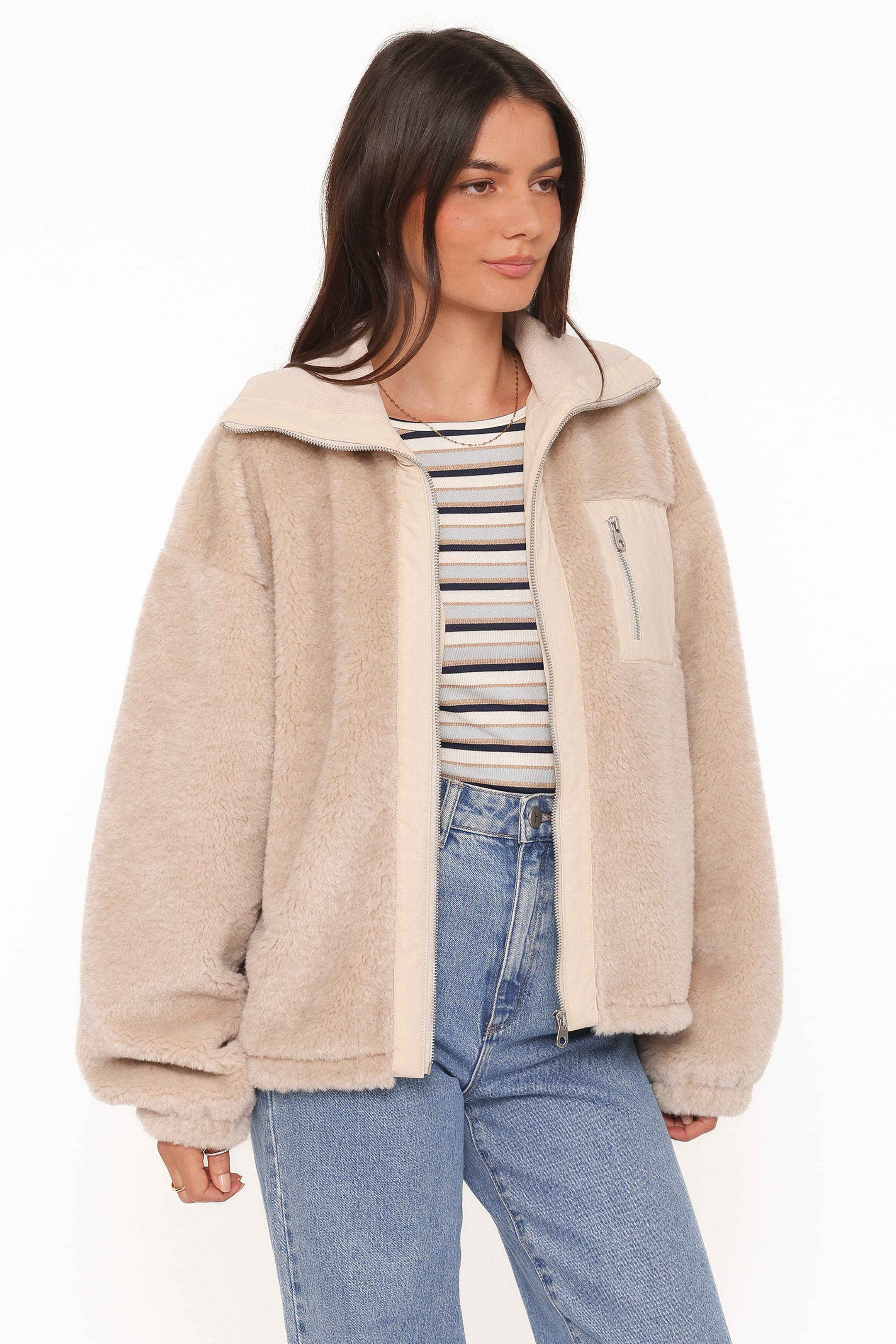 OUTERWEAR Branda Sherpa Zip Up Jacket - Beige