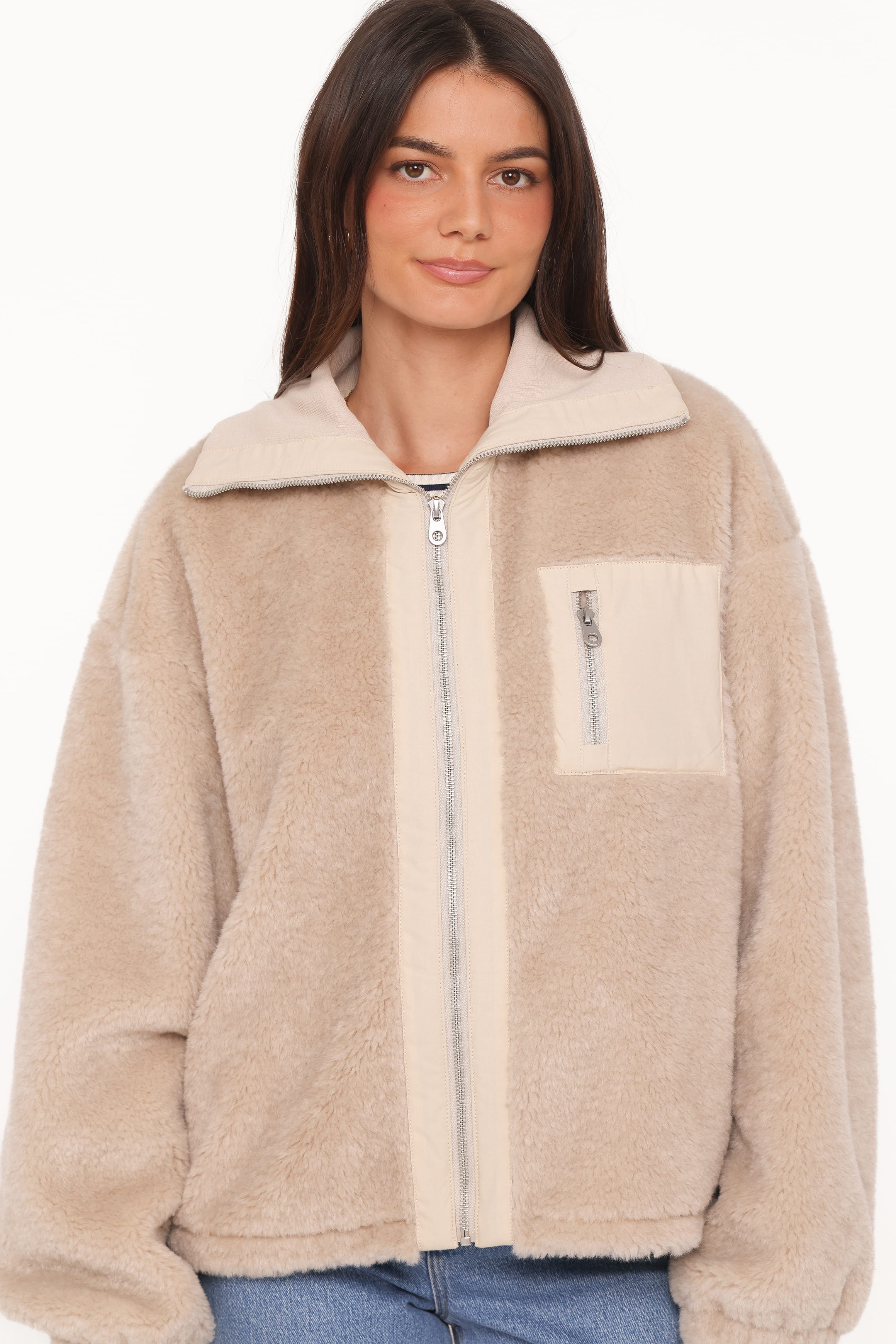 OUTERWEAR Branda Sherpa Zip Up Jacket - Beige
