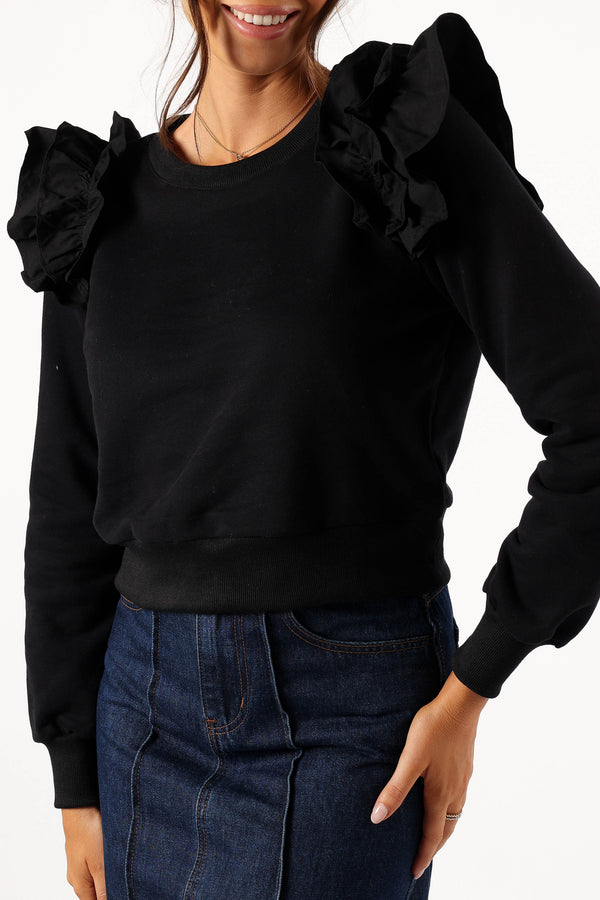 OUTERWEAR @Cora Ruffle Sleeve Sweatshirt - Black