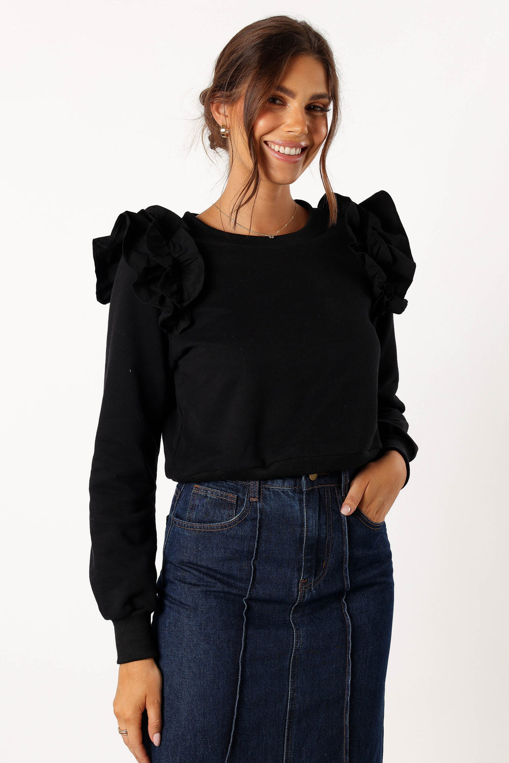 OUTERWEAR @Cora Ruffle Sleeve Sweatshirt - Black