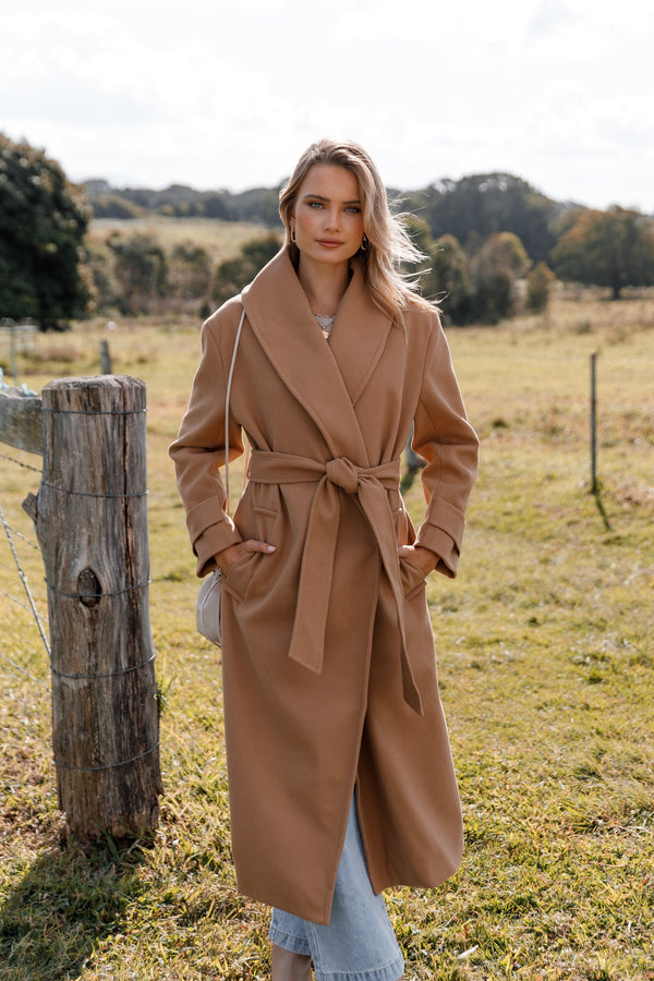 OUTERWEAR Emersyn Tie Front Coat - Camel