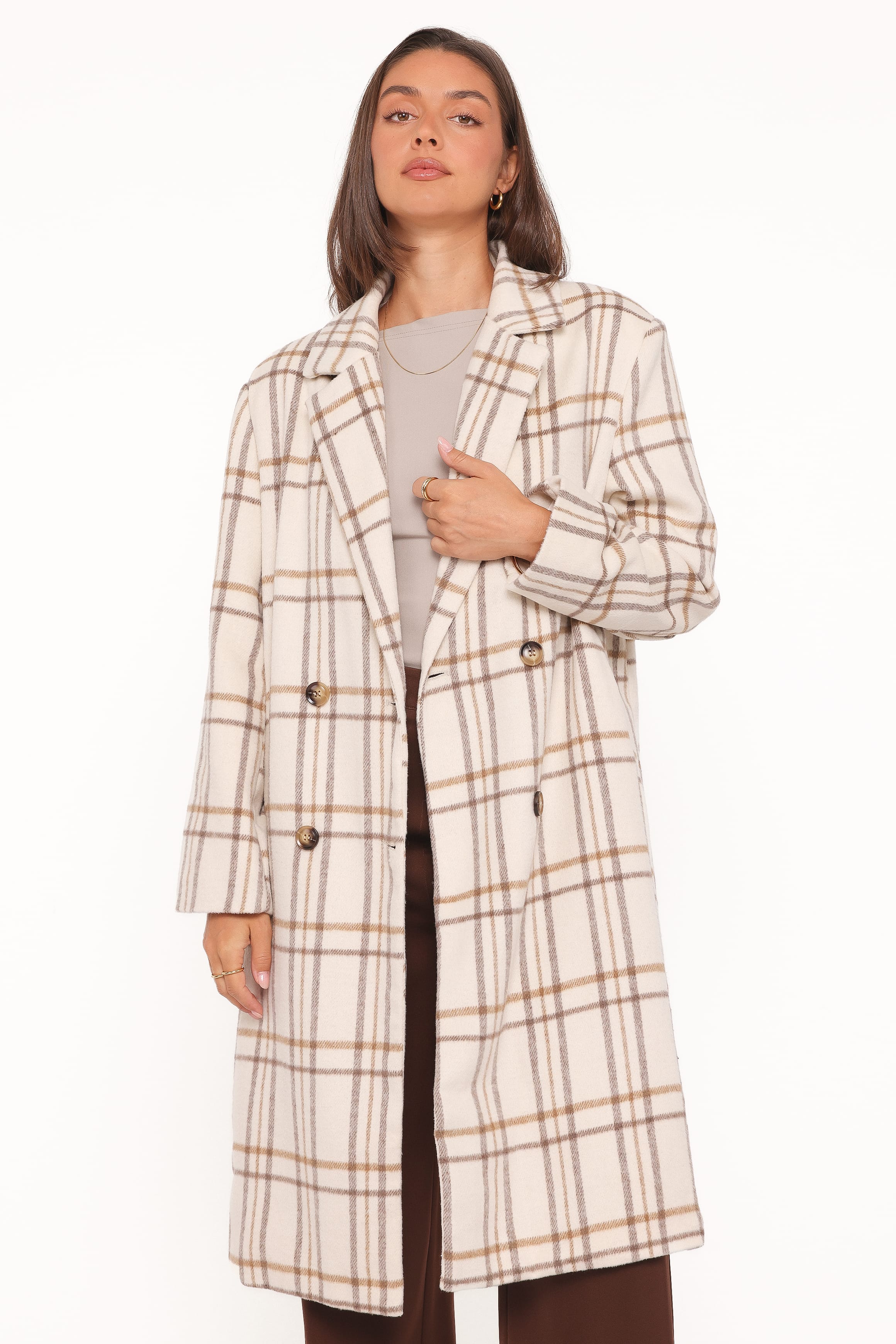 OUTERWEAR Gianna Button Front Plaid Long Coat - Ivory