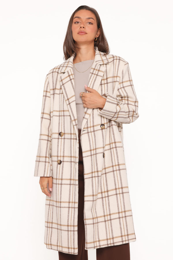 OUTERWEAR Gianna Button Front Plaid Long Coat - Ivory