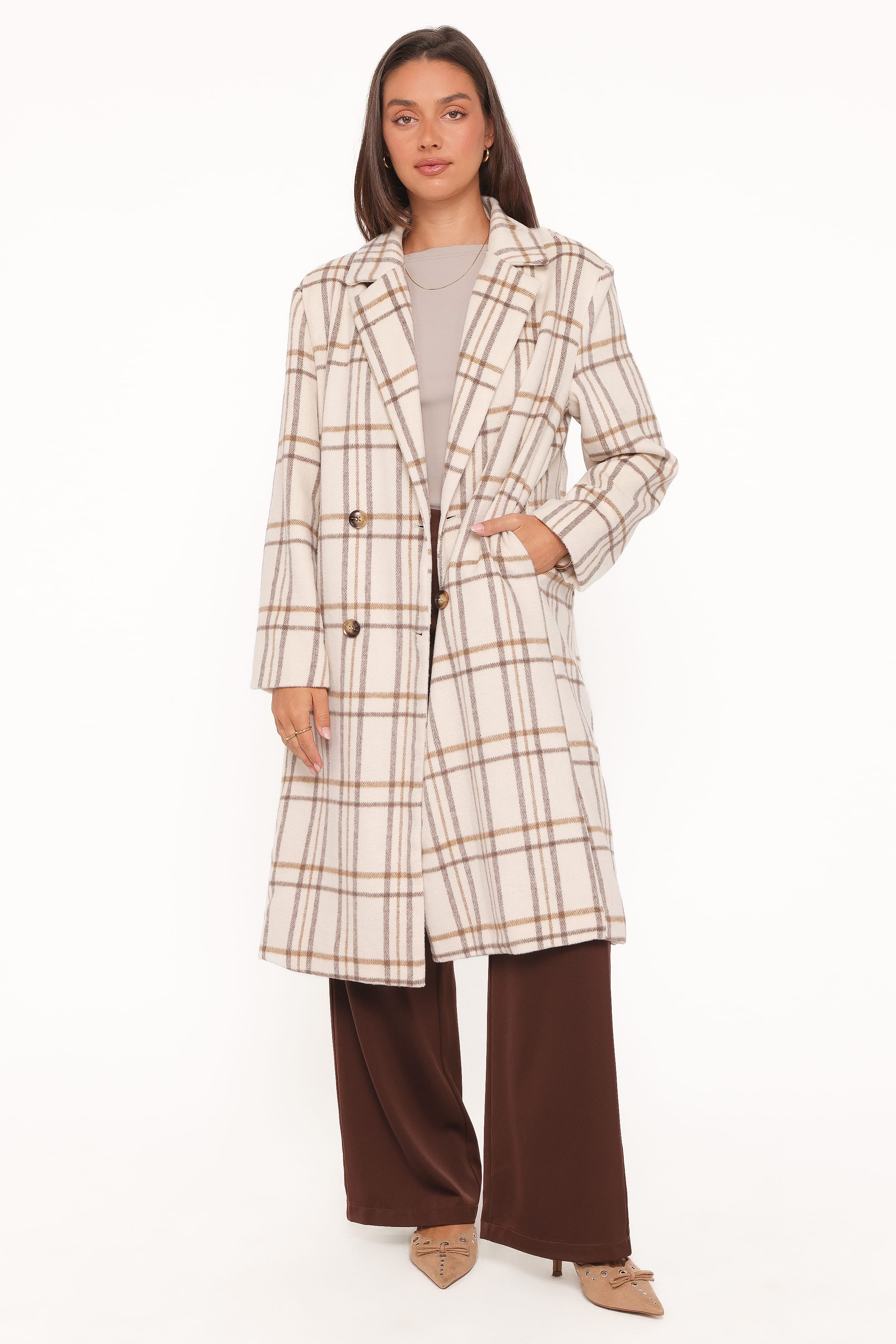 OUTERWEAR Gianna Button Front Plaid Long Coat - Ivory