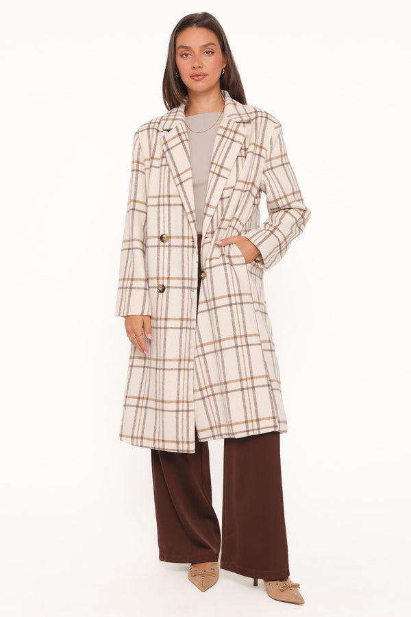 OUTERWEAR Gianna Button Front Plaid Long Coat - Ivory