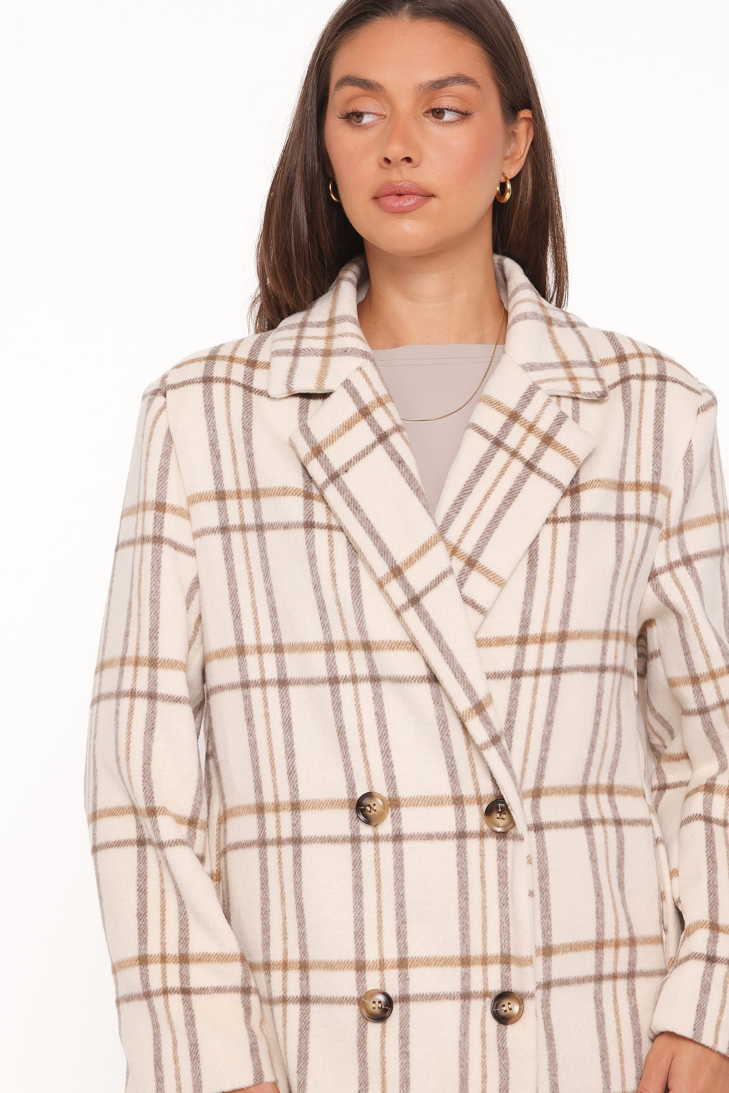 OUTERWEAR Gianna Button Front Plaid Long Coat - Ivory