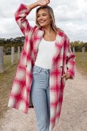 OUTERWEAR Gianna Button Front Plaid Long Coat - Pink