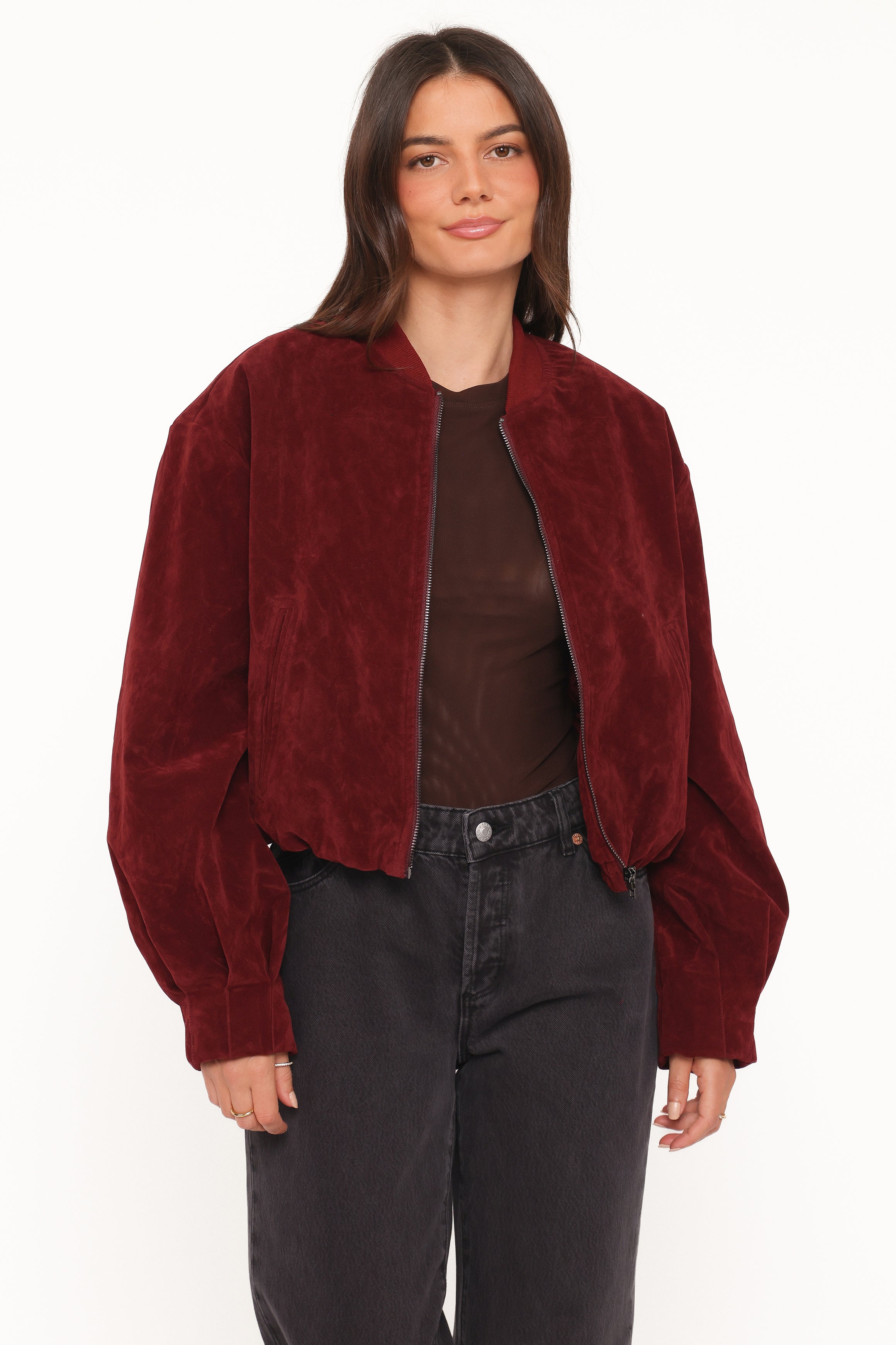 OUTERWEAR Goldie Faux Suede Bomber Jacket - Burgundy