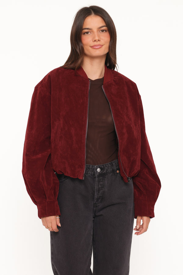 OUTERWEAR Goldie Faux Suede Bomber Jacket - Burgundy